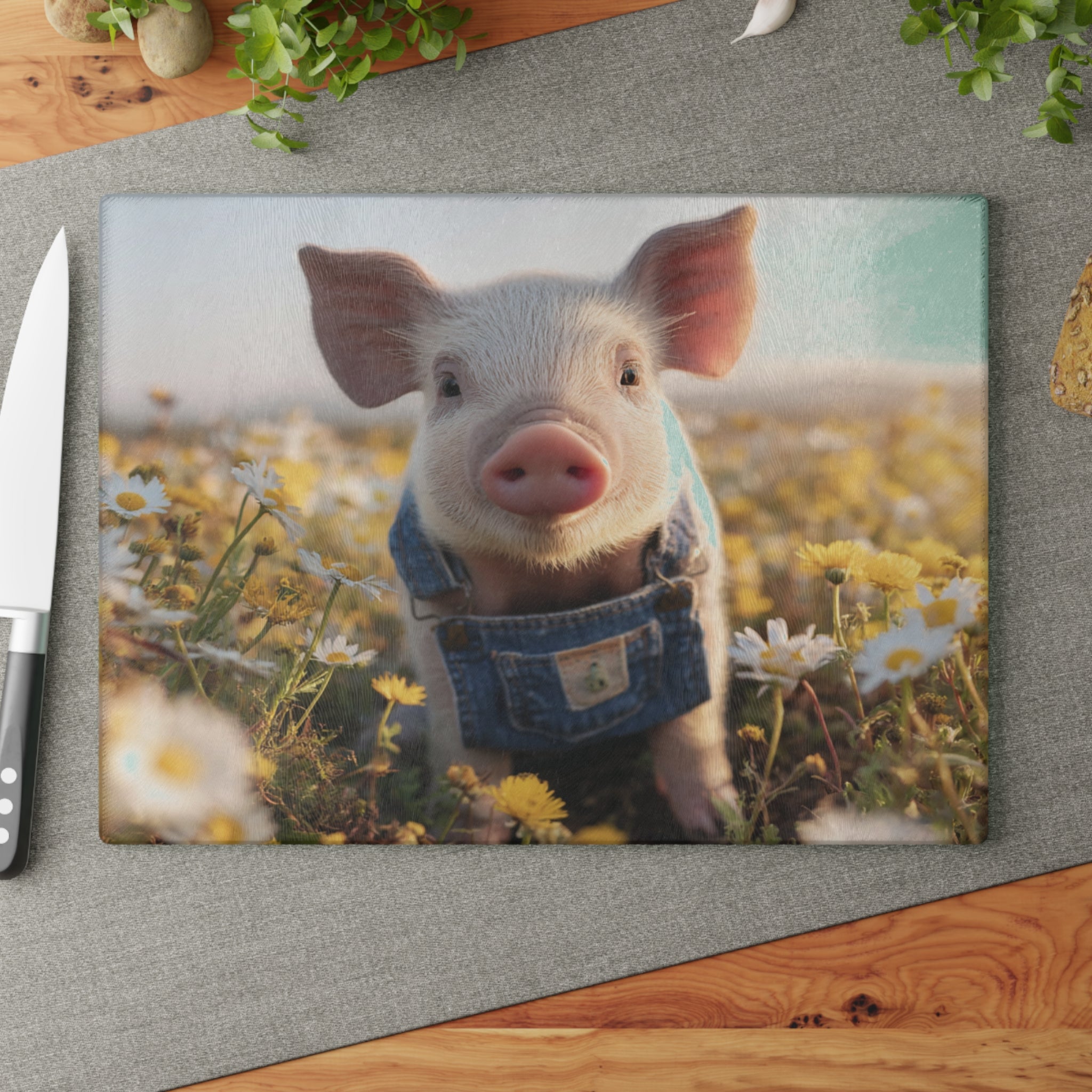 Piglet in Overalls Glass Cutting Board – Cute Farm Pig Kitchen Decor, Baby Pig Farmhouse Cutting Board, Country Homestead Kitchen Gift