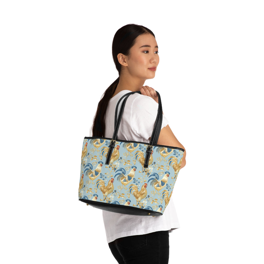 Light Blue Chicken Print Leather Shoulder Bag – Farmhouse Chicken Tote, Cute Hen Pattern Purse, Farm Life Handbag, Backyard Chicken Lover Bag
