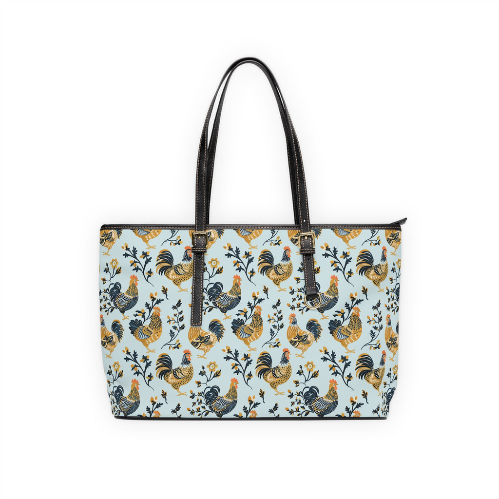 Blue Botanical Chicken Print Leather Shoulder Bag – Farmhouse Chicken Tote, Cute Hen Pattern Purse, Farm Life Handbag, Backyard Chicken Lover Bag