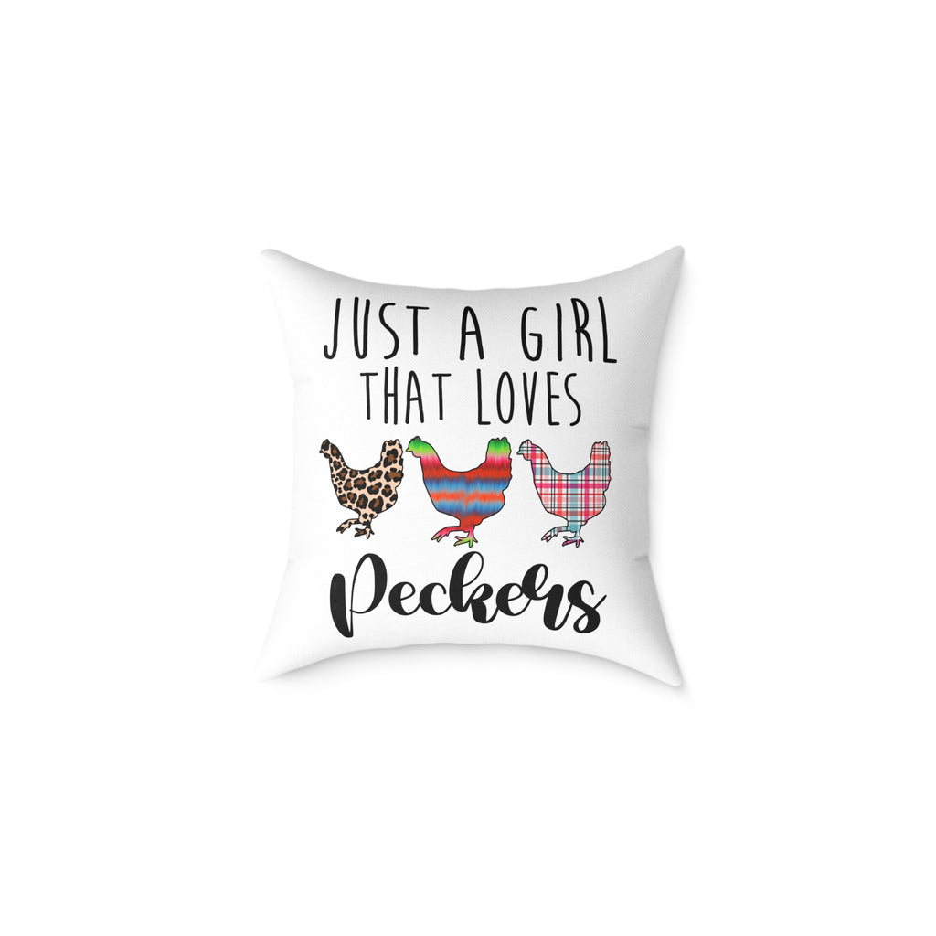 “Just a Girl That Loves Peckers” Throw Pillow – Funny Chicken Farmhouse Decor Cushion, Cute Homestead Accent Pillow