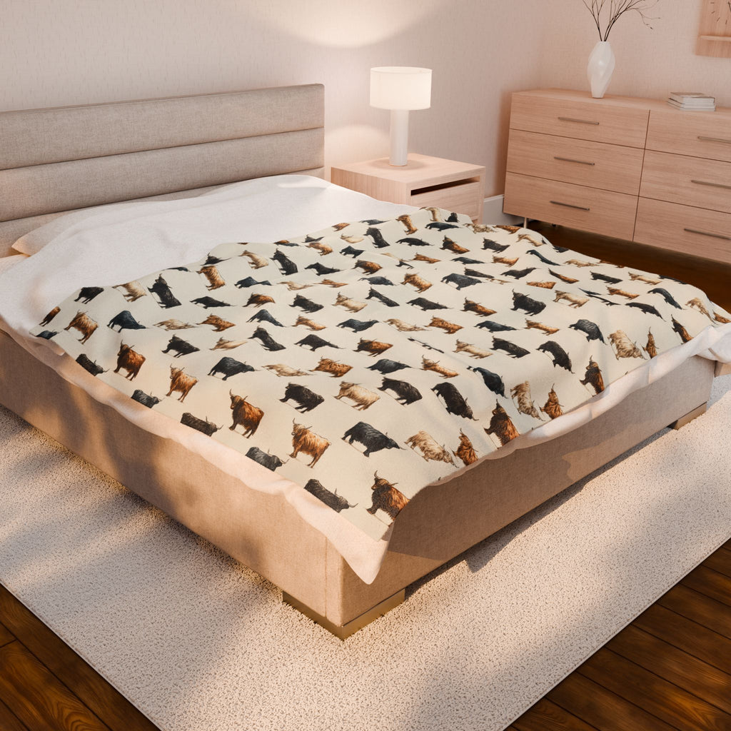 Highland Cow Pattern Plush Blanket | Farmhouse Cattle Throw Blanket | Rustic Farm Animal Bedding | Cozy Country Home Decor | Repeating Cow Print Blanket | Homestead Bedroom Throw