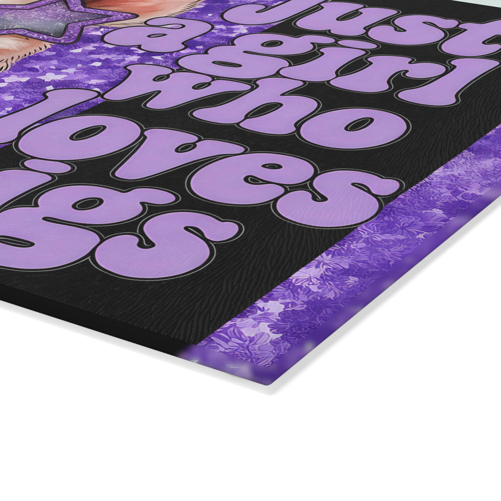 “Just a Girl Who Loves Pigs” Glass Cutting Board – Purple Floral Pig Kitchen Decor, Farmhouse Pig Lover Gift, Country Homestead Cutting Board