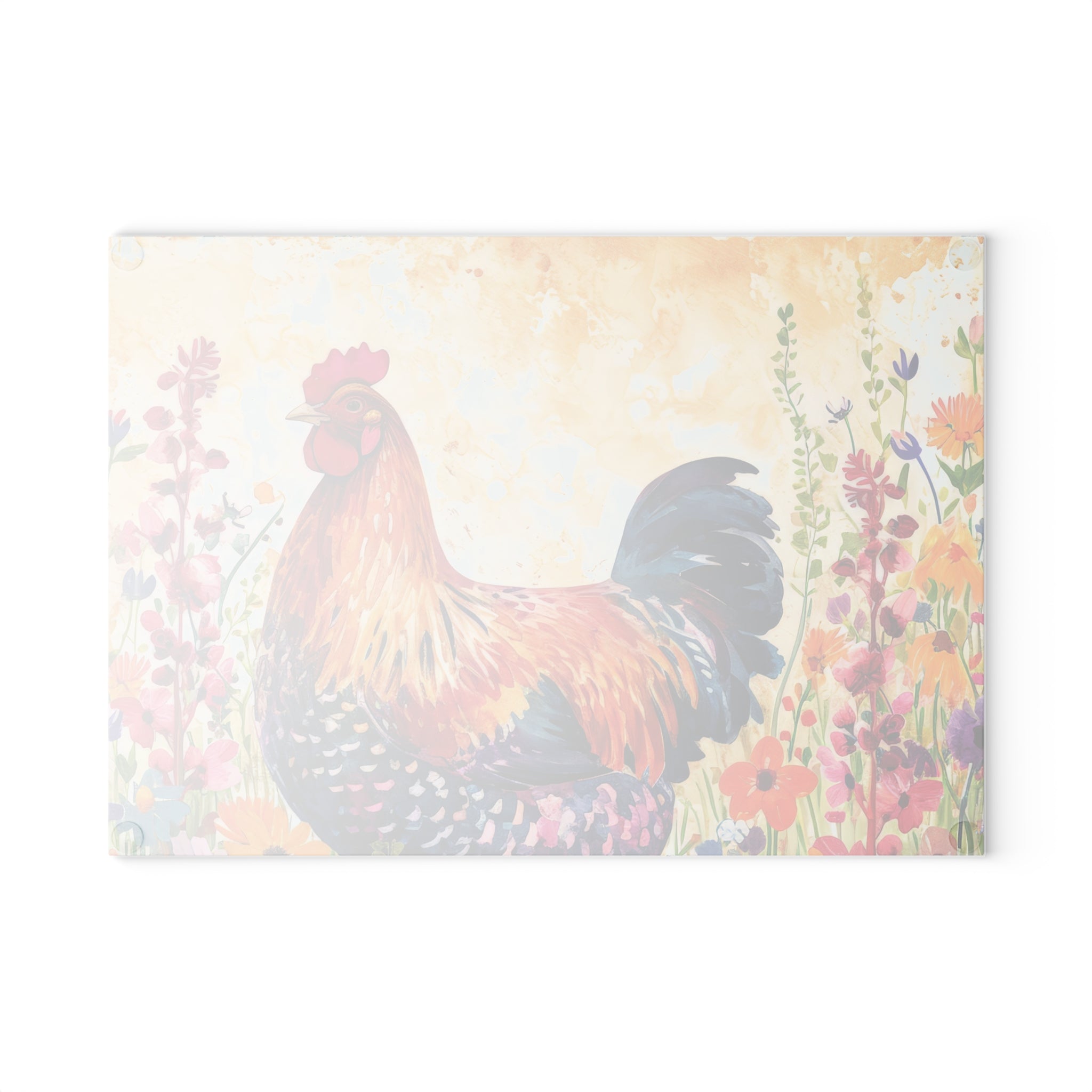 Vintage0 Floral Chicken Glass Cutting Board – Farmhouse Kitchen Decor, Colorful Chicken Counter Protector, Homestead Gift