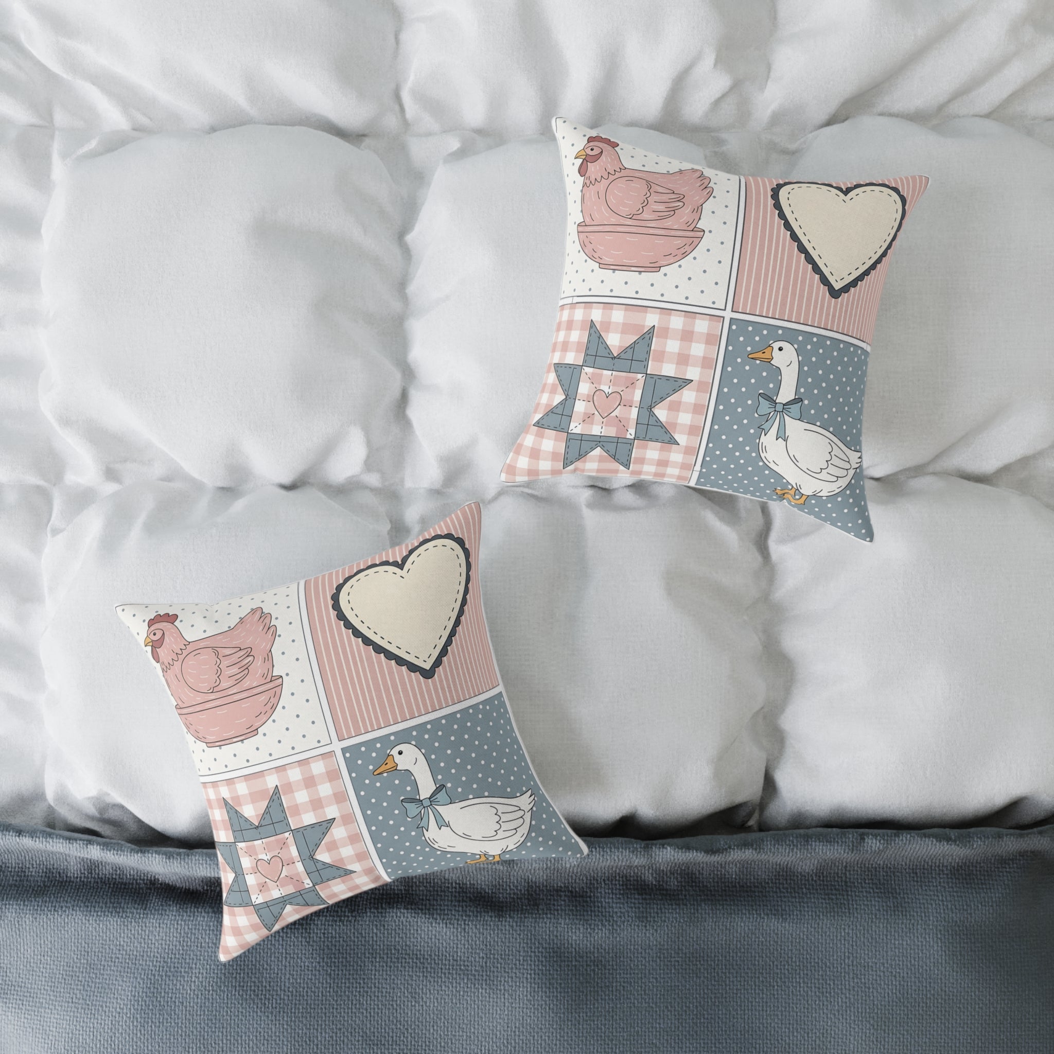 Cottagecore Farm Animal Patchwork Throw Pillow – Chicken & Goose Farmhouse Decor Cushion, Quilted Country Home Accent Pillow