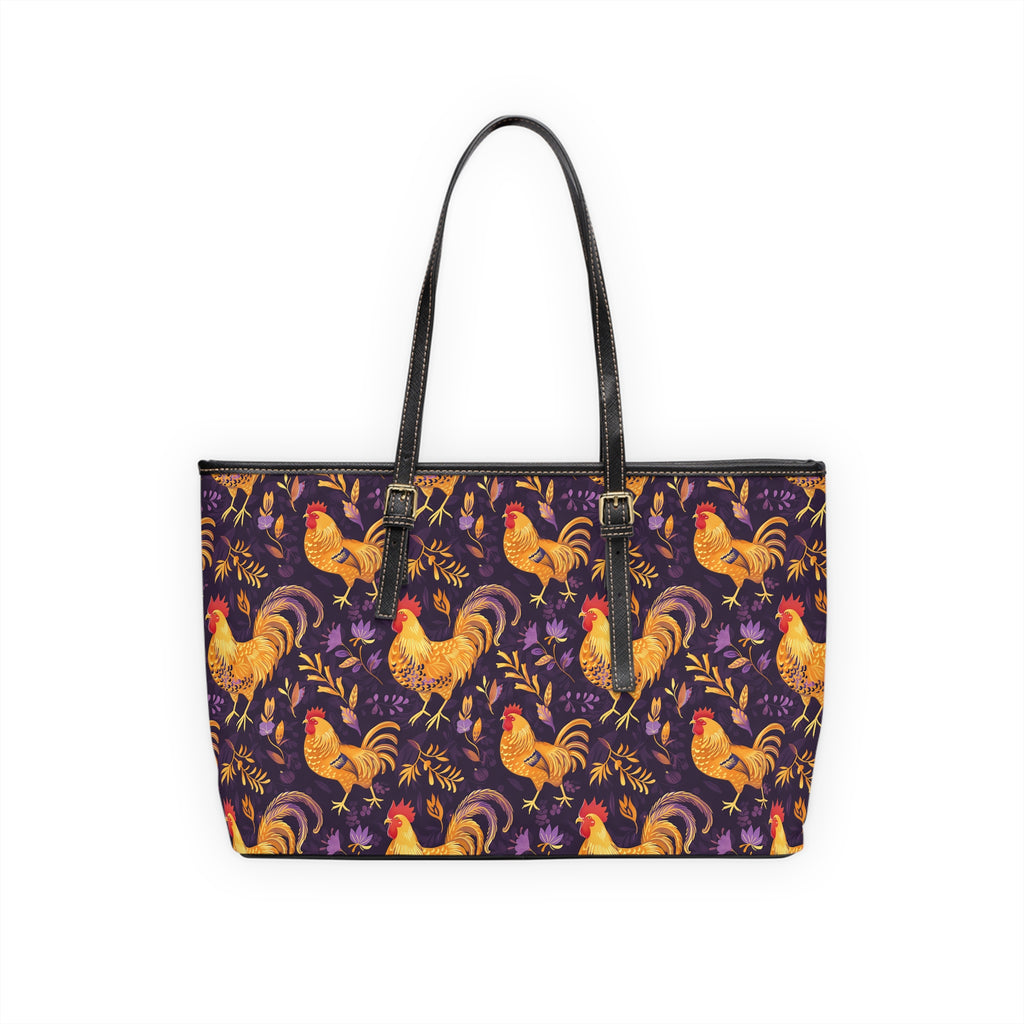 Purple & Gold Chicken Print Leather Shoulder Bag – Farmhouse Chicken Tote, Cute Hen Pattern Purse, Farm Life Handbag, Backyard Chicken Lover Bag