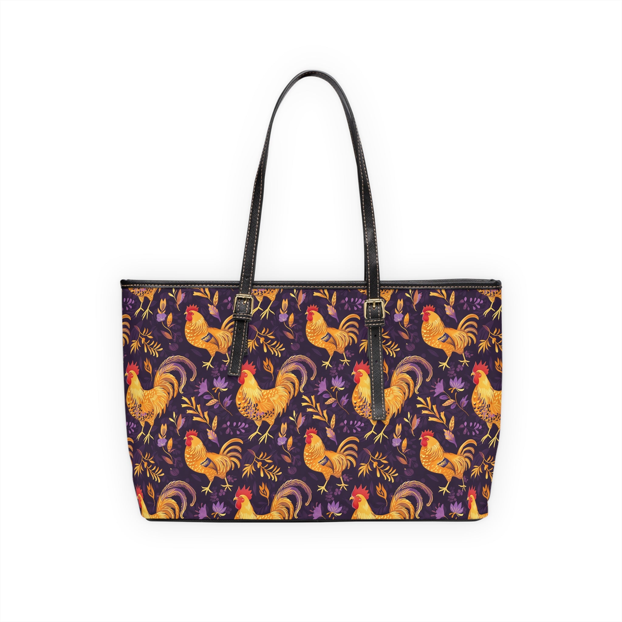 Purple & Gold Chicken Print Leather Shoulder Bag – Farmhouse Chicken Tote, Cute Hen Pattern Purse, Farm Life Handbag, Backyard Chicken Lover Bag