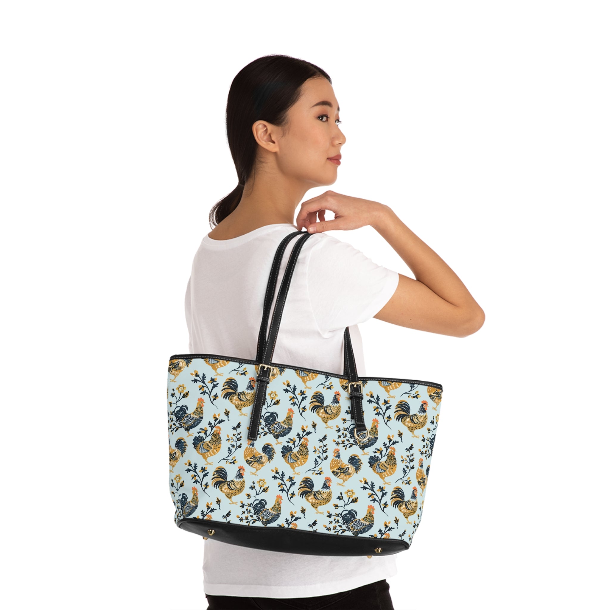 Blue Botanical Chicken Print Leather Shoulder Bag – Farmhouse Chicken Tote, Cute Hen Pattern Purse, Farm Life Handbag, Backyard Chicken Lover Bag