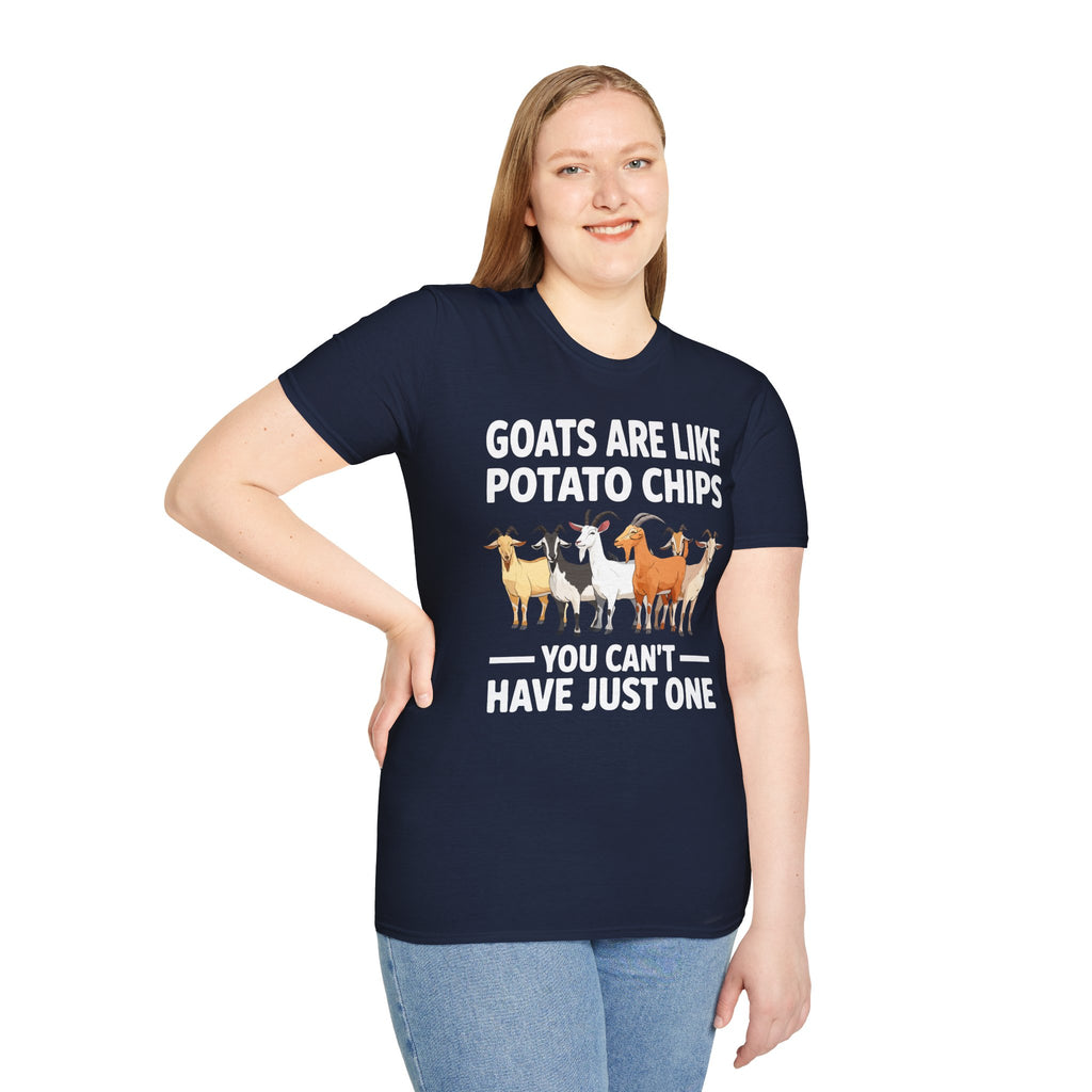 “Goats Are Like Potato Chips – You Can’t Have Just One” Funny Goat Lover Unisex T-Shirt | Farm Life Goat Tee