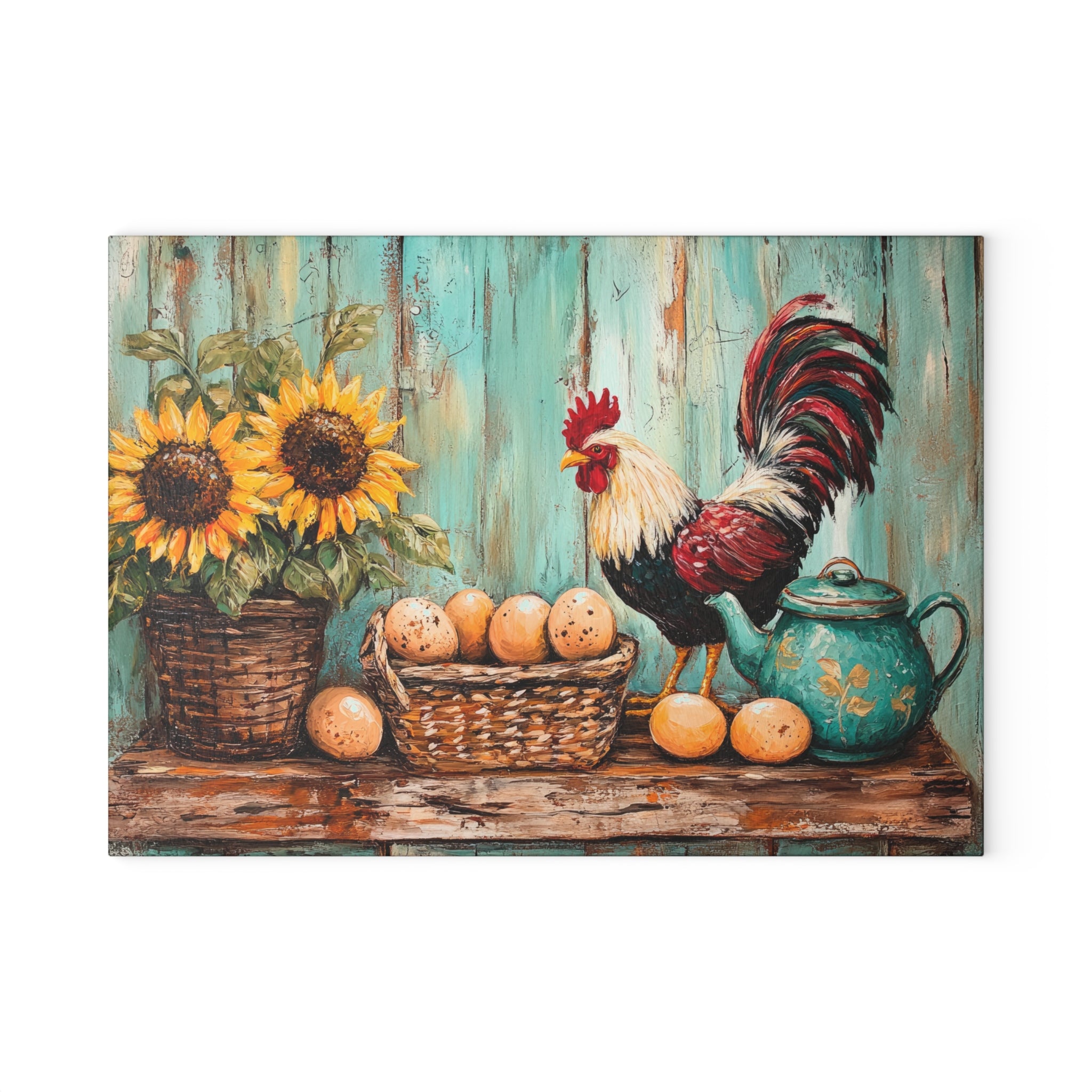 Vintage Rooster Glass Cutting Board | Rustic Farmhouse Chicken Kitchen Decor | Sunflower & Egg Tempered Glass Cutting Board | Gumpert Homestead