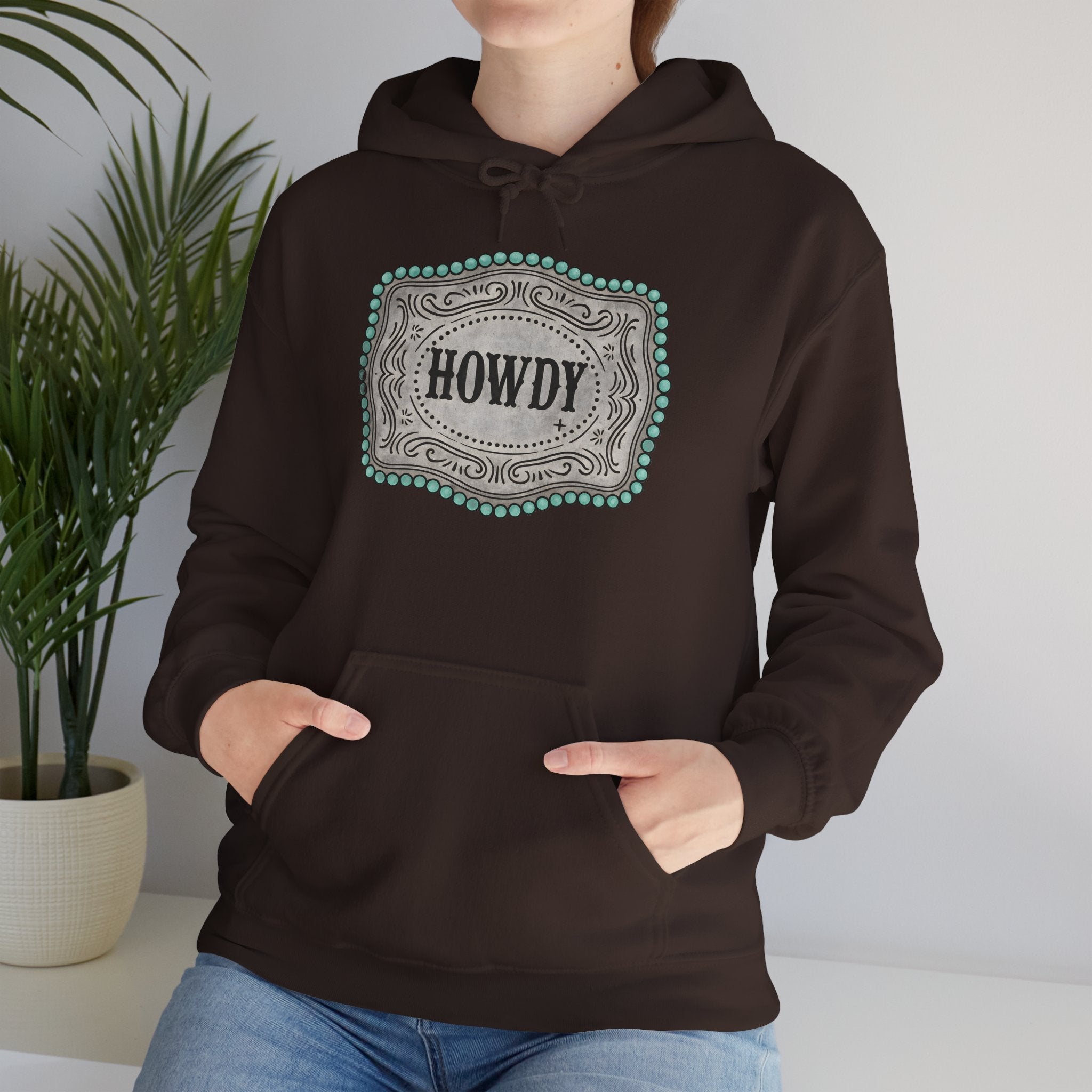 Howdy Turquoise Beaded Rodeo Belt Buckle Hoodie – Unisex Farmhouse Western Sweatshirt | Country Homestead Apparel