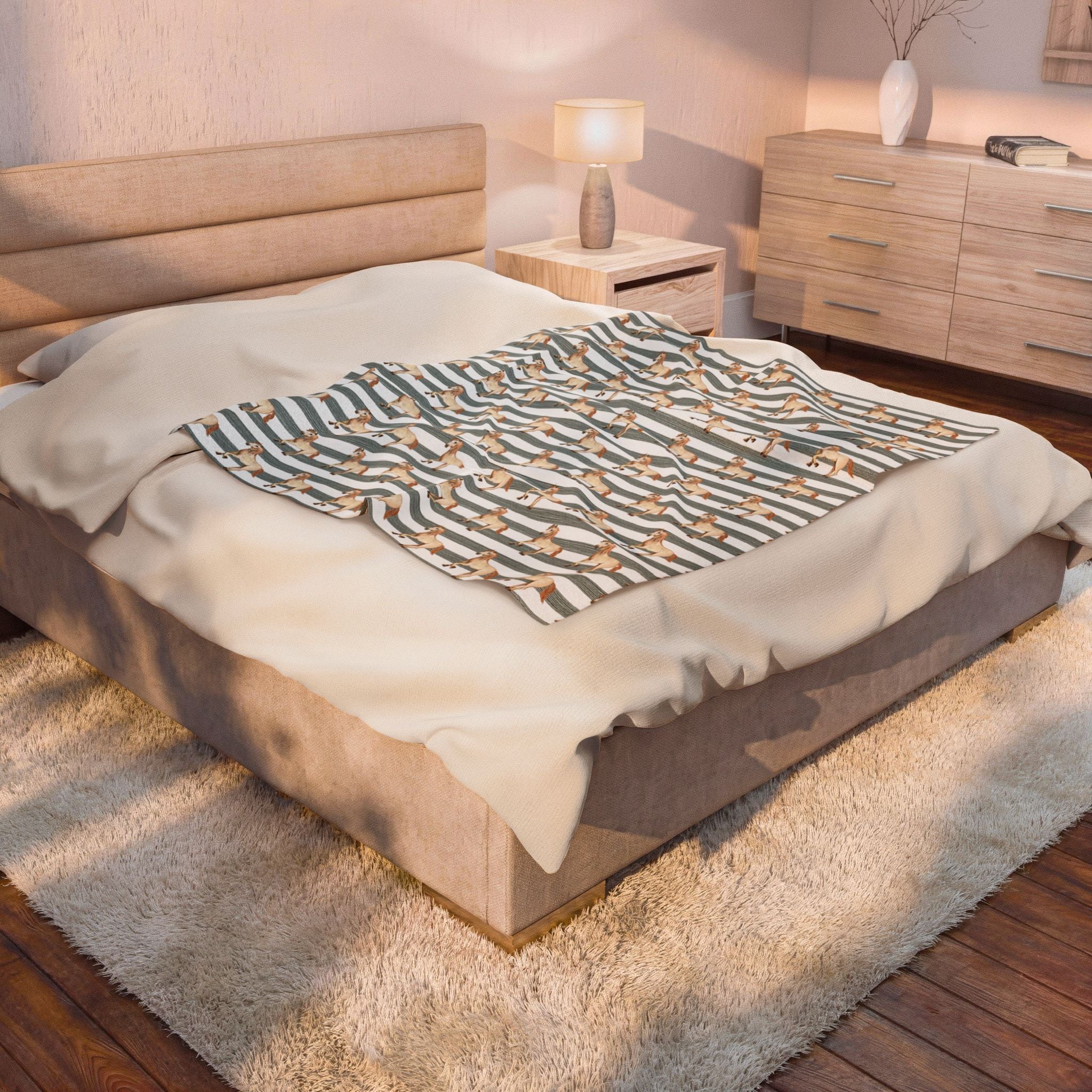 Striped Horse Plush Blanket | Coastal Western Throw Blanket | Preppy Equestrian Decor | Farmhouse Horse Blanket | Cozy Ranch Style Blanket | Gumpert Homestead