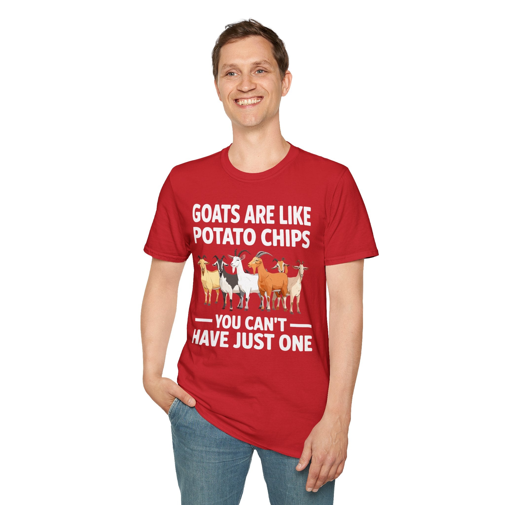 “Goats Are Like Potato Chips – You Can’t Have Just One” Funny Goat Lover Unisex T-Shirt | Farm Life Goat Tee