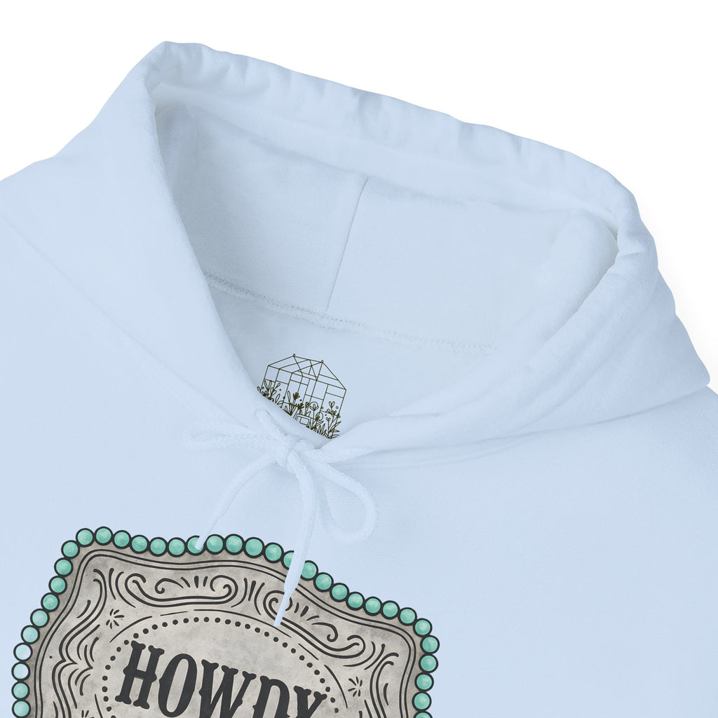 Howdy Turquoise Beaded Rodeo Belt Buckle Hoodie – Unisex Farmhouse Western Sweatshirt | Country Homestead Apparel