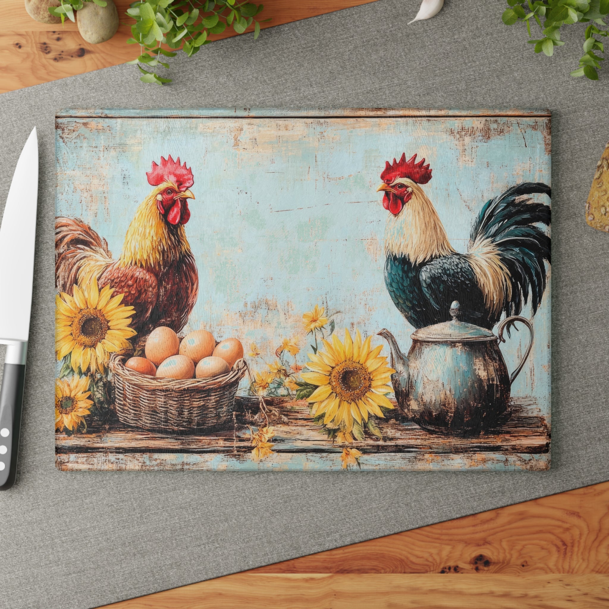 Rustic Rooster Glass Cutting Board | Farmhouse Chicken Kitchen Decor | Sunflower Rooster Tempered Glass Cutting Board | Gumpert Homestead