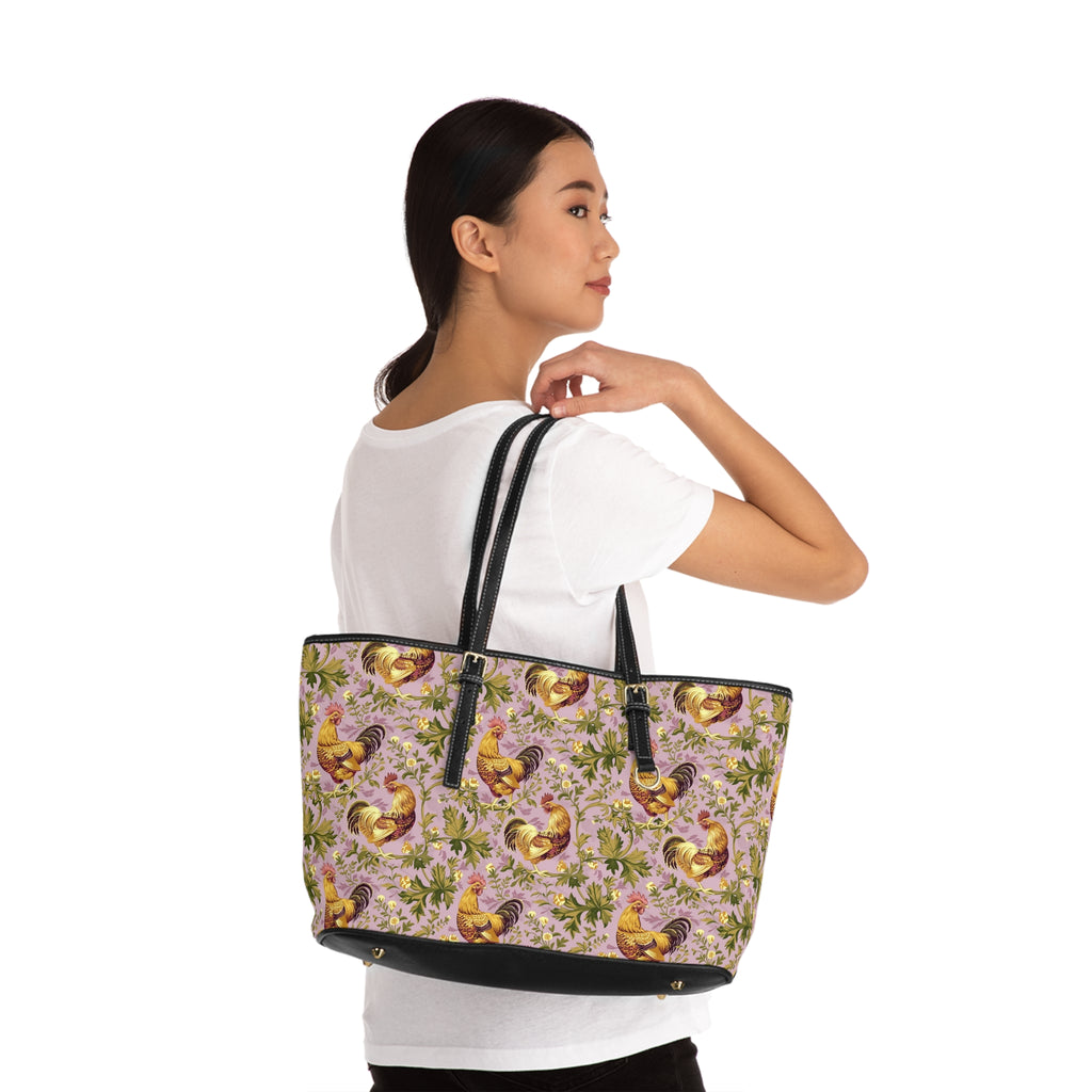 Lavender Botanical Chicken Print Leather Shoulder Bag – Farmhouse Chicken Tote, Cute Hen Pattern Purse, Farm Life Handbag, Backyard Chicken Lover Bag