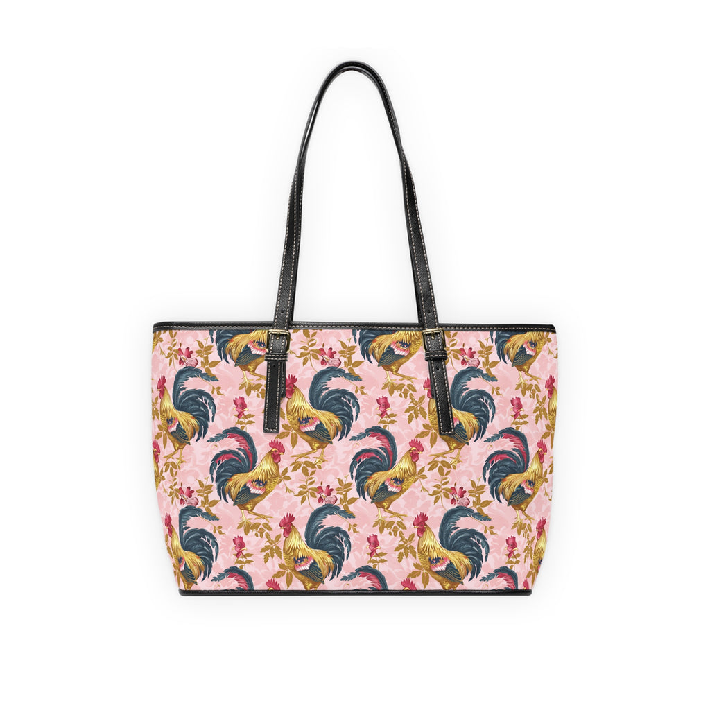 Pink Floral Rooster Chicken Print Leather Shoulder Bag – Farmhouse Chicken Tote, Cute Hen Pattern Purse, Farm Life Handbag, Backyard Chicken Lover Bag