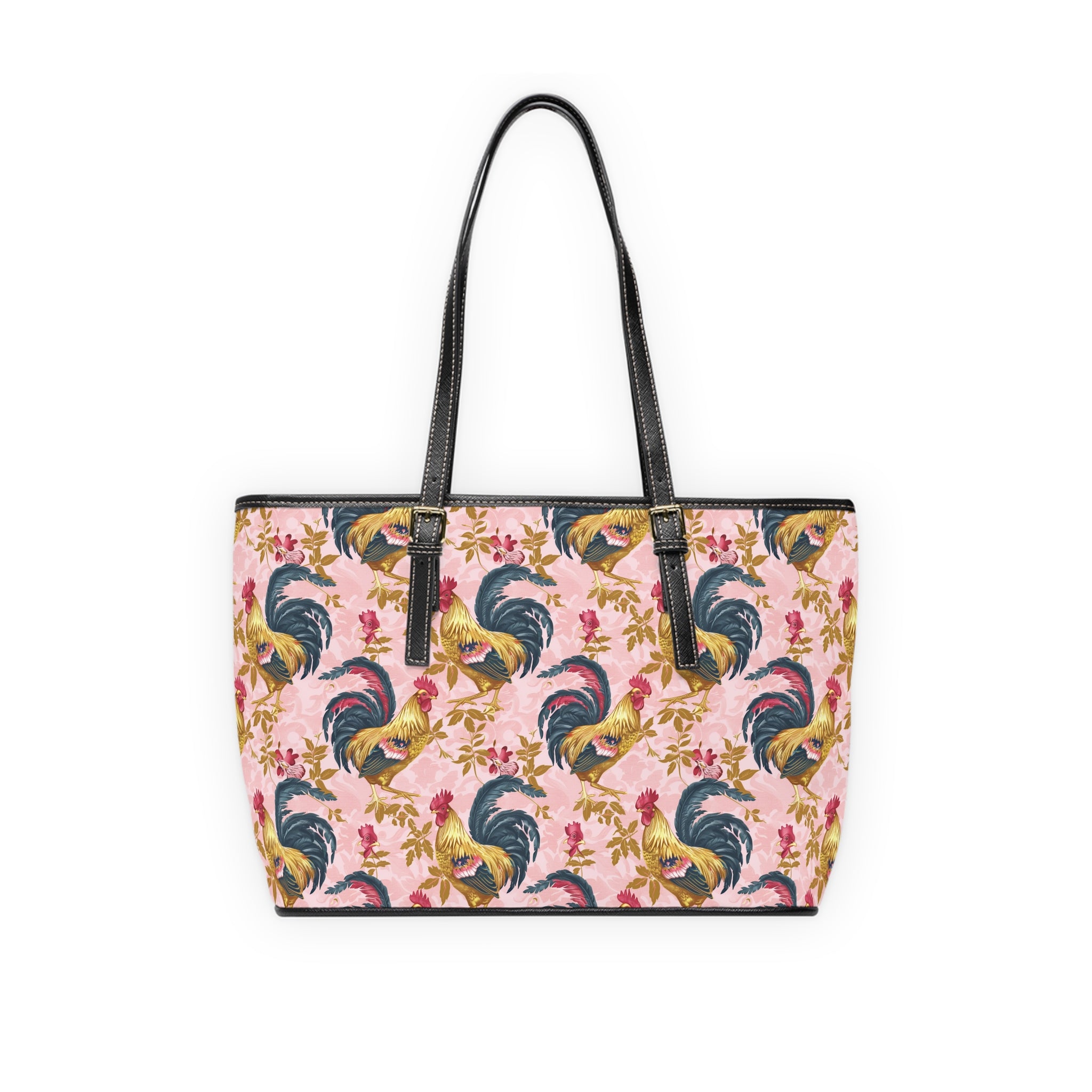 Pink Floral Rooster Chicken Print Leather Shoulder Bag – Farmhouse Chicken Tote, Cute Hen Pattern Purse, Farm Life Handbag, Backyard Chicken Lover Bag