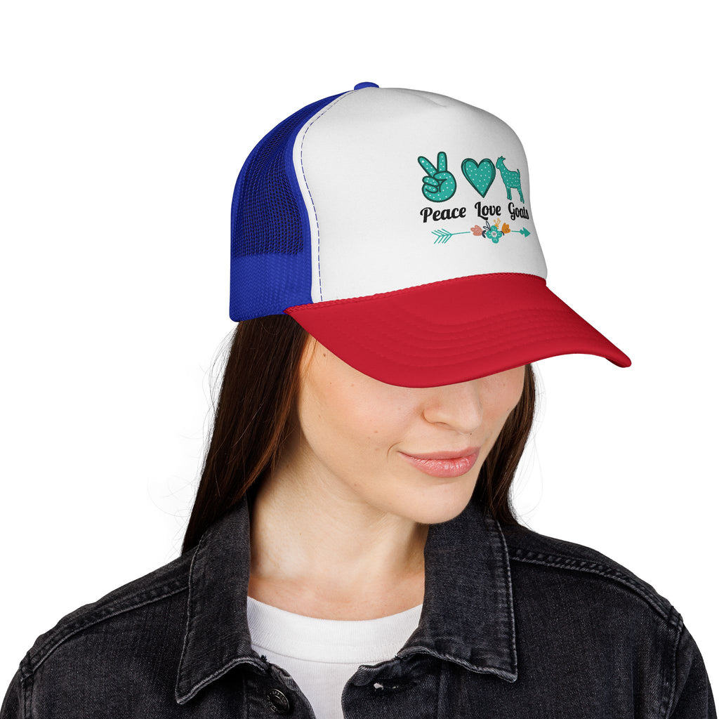 Peace Love Goats Trucker Hat – Goat Mom Hat, Farm Life Snapback, Homestead Goat Lover Cap