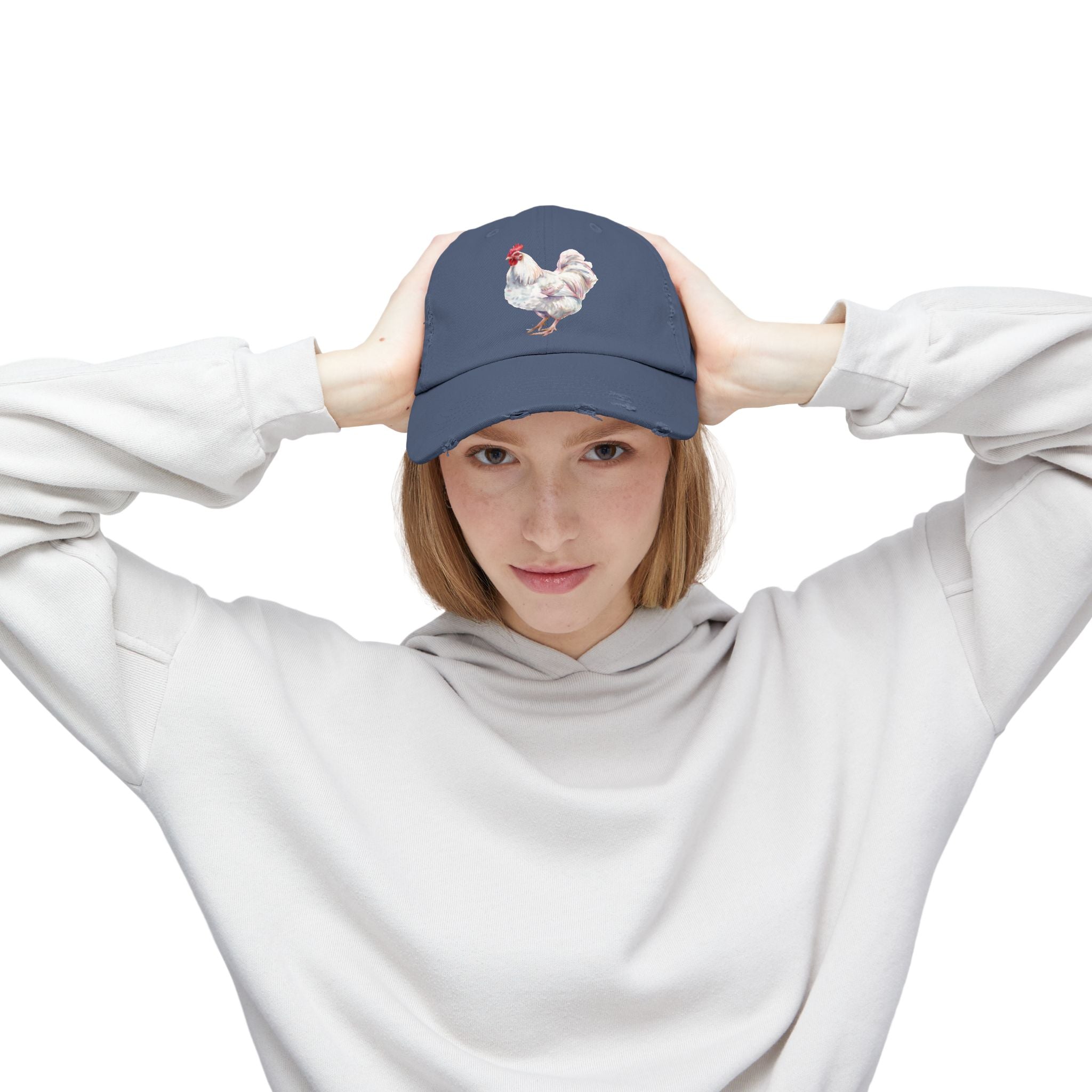 White Rooster Distressed Baseball Cap – Vintage Chicken Hat, Leghorn-Style Rooster, Farmhouse Poultry Cap, Backyard Chicken Keeper Gift