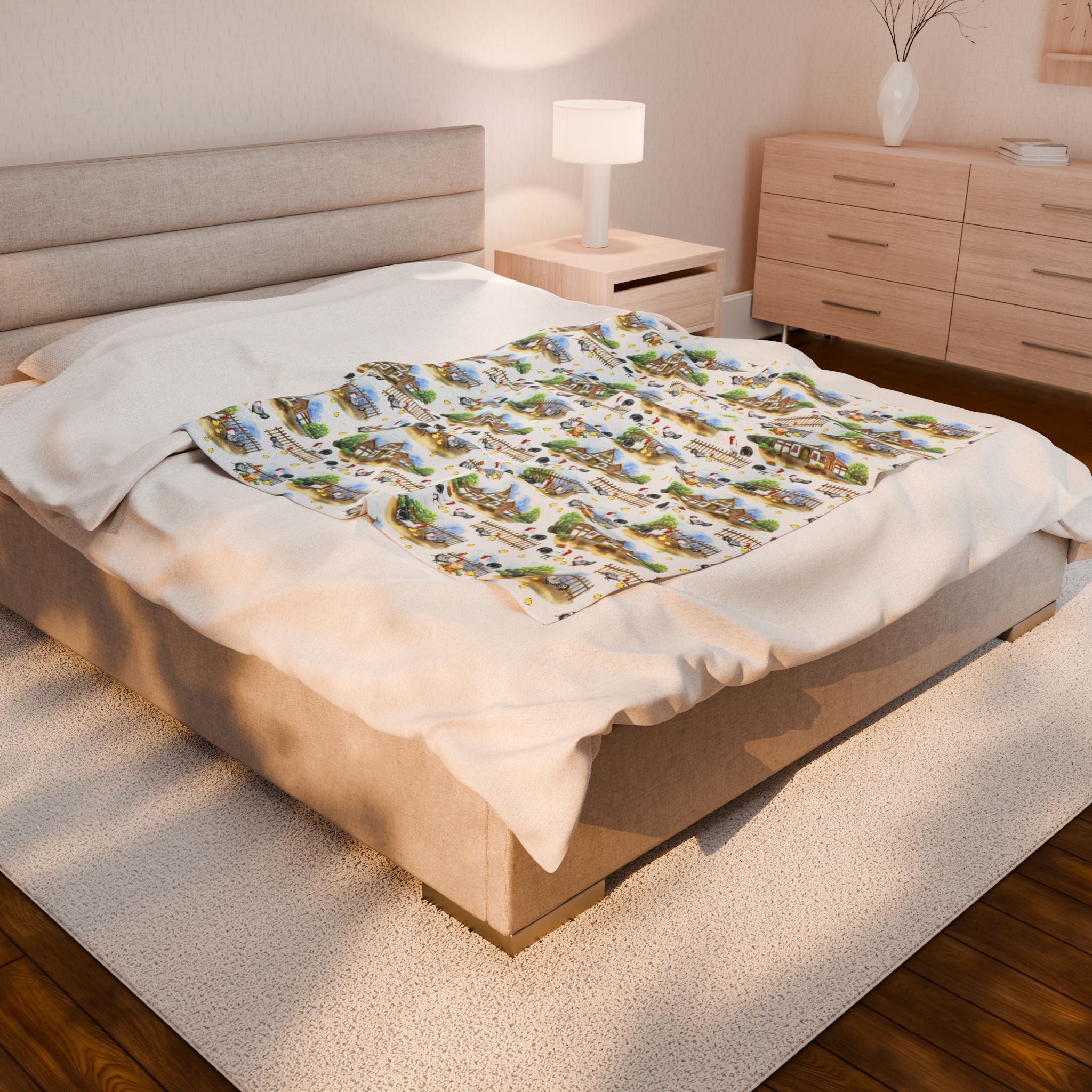 Farm Scene Velveteen Plush Blanket – Cozy Cottagecore Village Throw, Country Homestead Farmhouse Home Decor