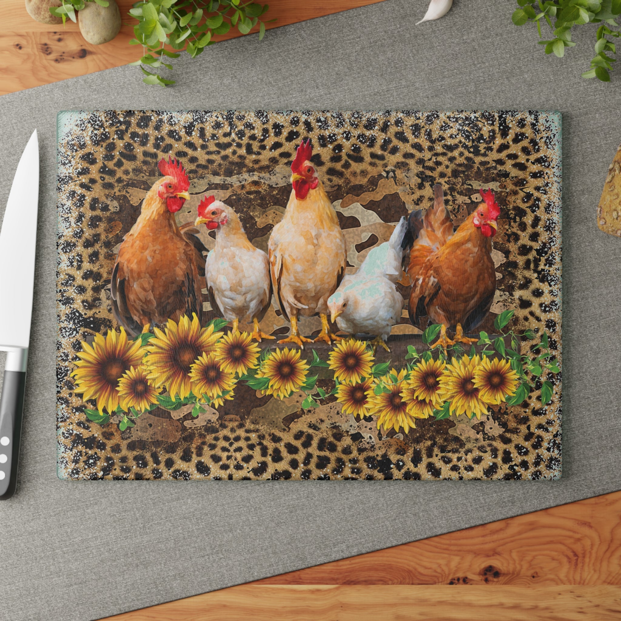 Chicken Flock Glass Cutting Board – Farmhouse Sunflower Chicken Kitchen Decor, Leopard Print Farm Cutting Board, Rustic Country Homestead Kitchen Gift