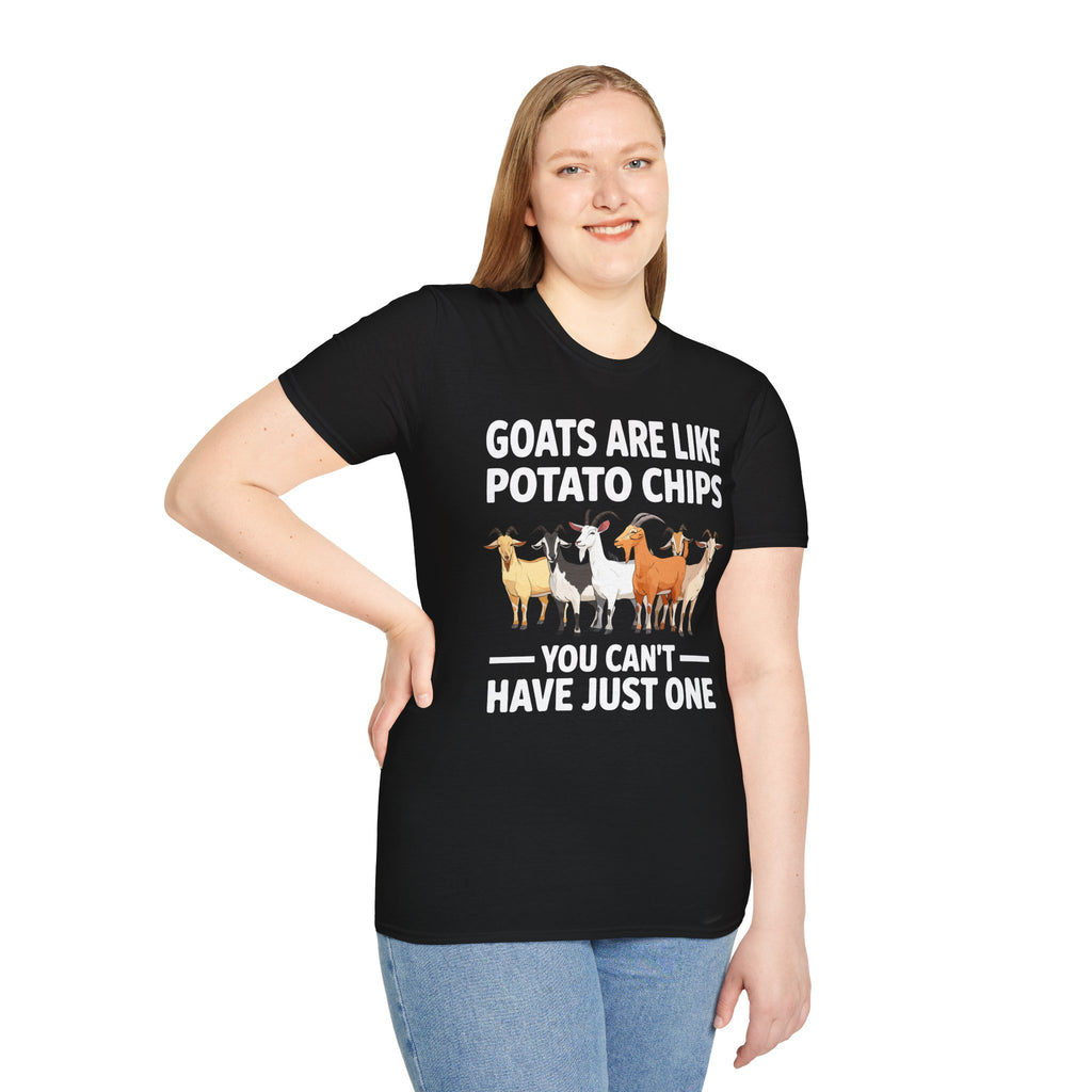 “Goats Are Like Potato Chips – You Can’t Have Just One” Funny Goat Lover Unisex T-Shirt | Farm Life Goat Tee