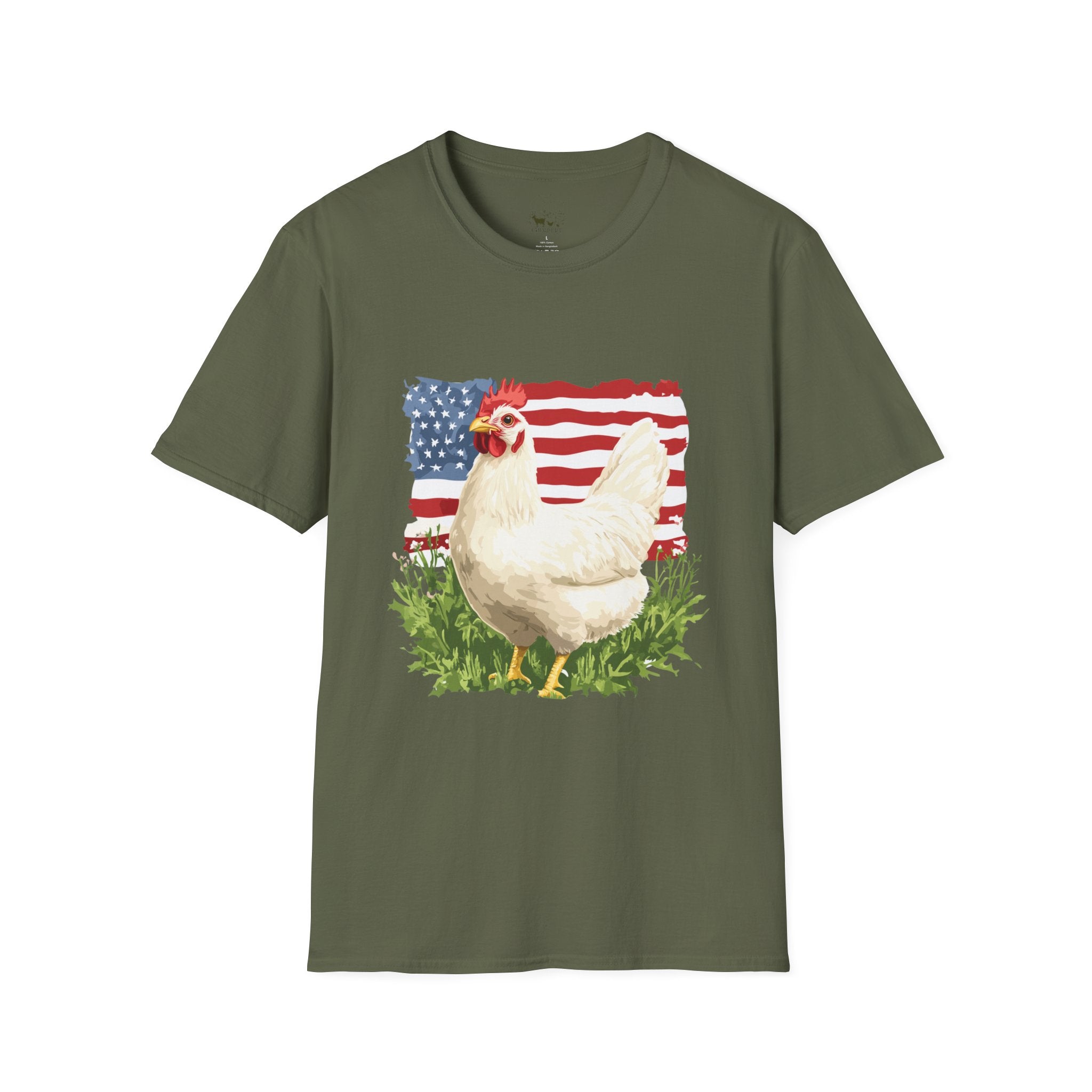 Patriotic Chicken T-Shirt – American Flag Hen Shirt, Farm Life Tee, 4th of July Chicken Shirt, Backyard Chicken Keeper Gift, Homestead Farm Apparel