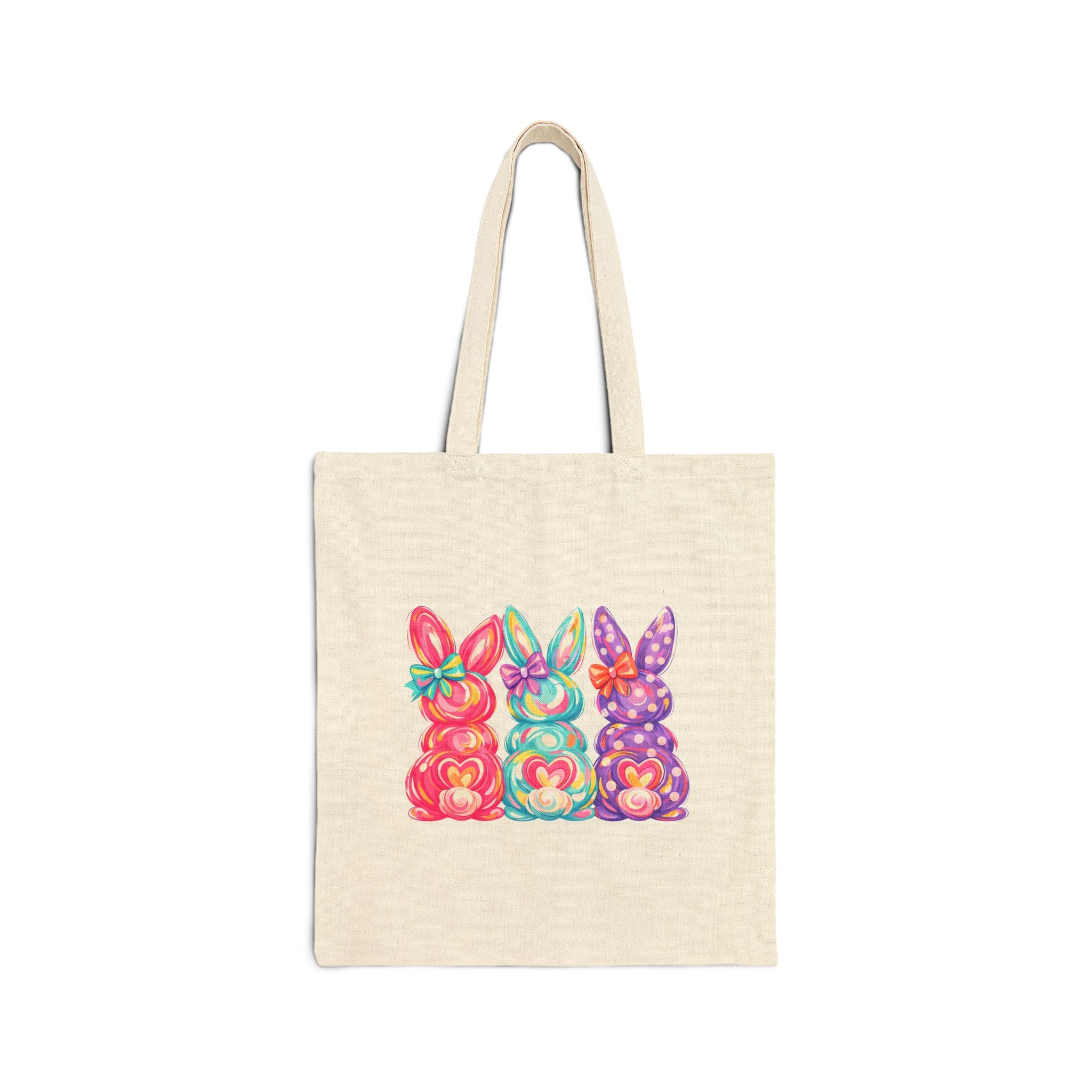 Easter Bunny Trio Tote Bag – Colorful Pastel Rabbit Canvas Tote, Spring Farm Bunny Market Bag, Cottagecore Reusable Shopping Tote, Farmhouse Easter Gift Bag