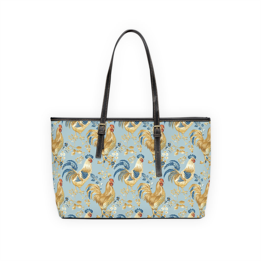Light Blue Chicken Print Leather Shoulder Bag – Farmhouse Chicken Tote, Cute Hen Pattern Purse, Farm Life Handbag, Backyard Chicken Lover Bag
