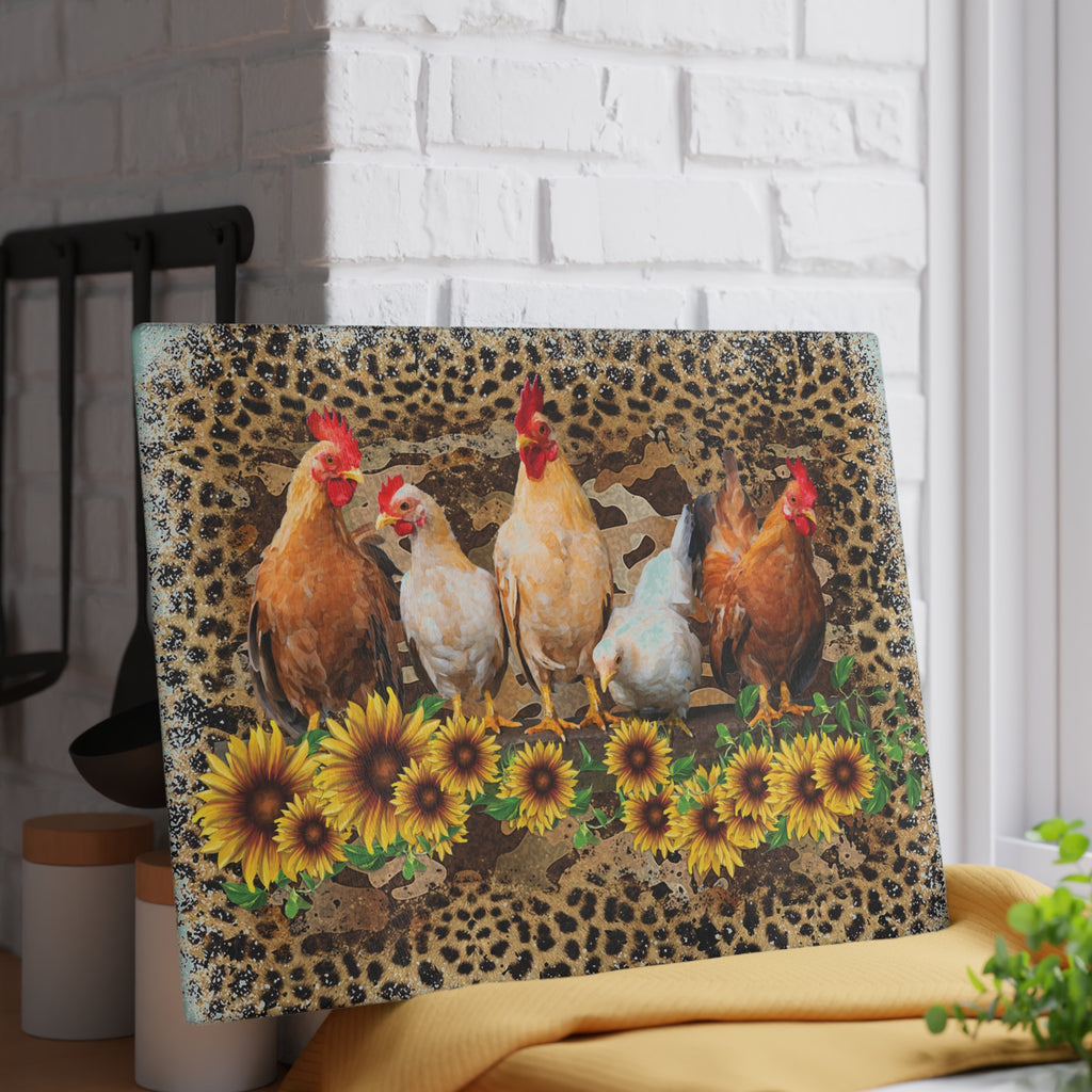 Chicken Flock Glass Cutting Board – Farmhouse Sunflower Chicken Kitchen Decor, Leopard Print Farm Cutting Board, Rustic Country Homestead Kitchen Gift