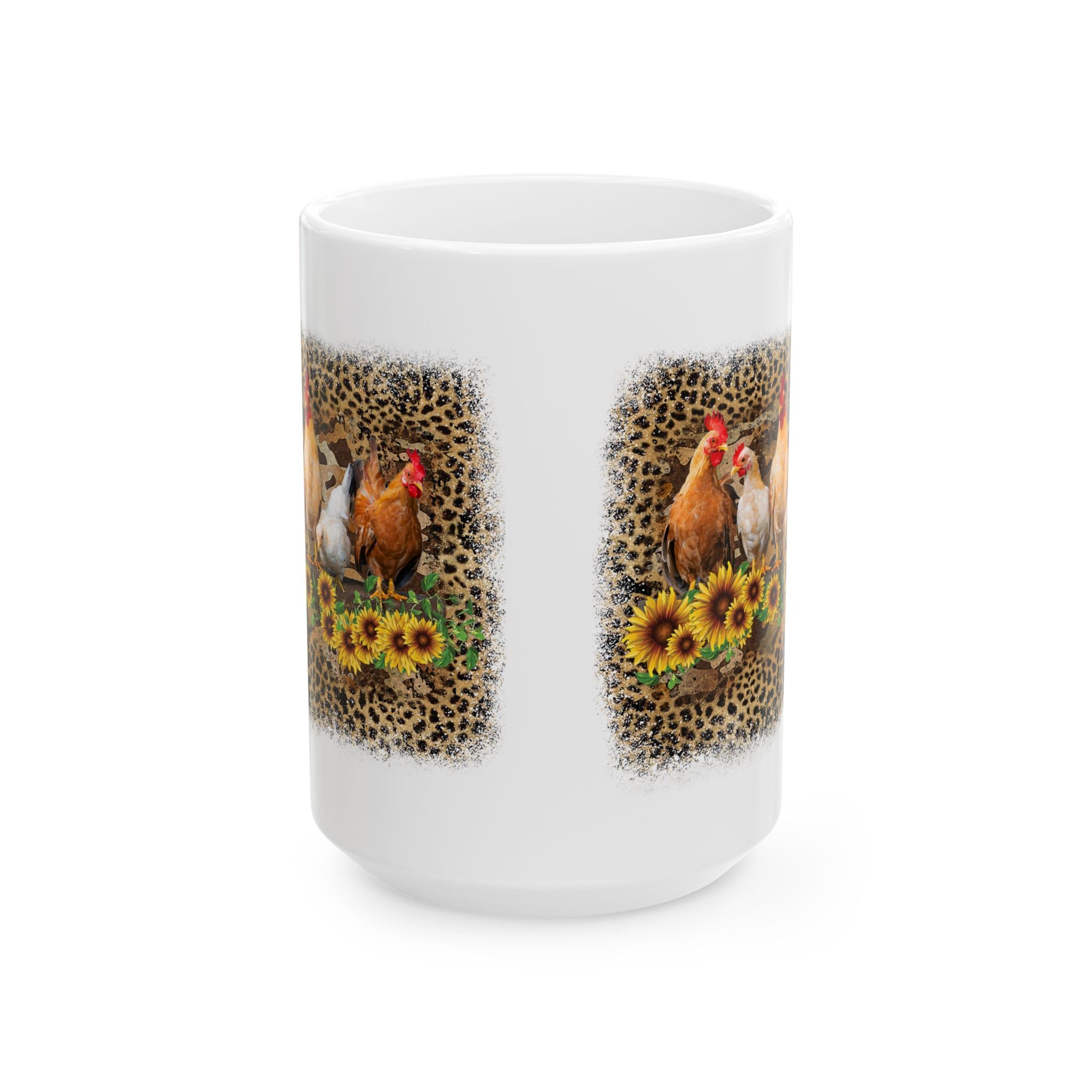 Chicken Flock Sunflower Ceramic Mug – Farmhouse Chicken Mom Coffee Cup, Country Homestead Mug (11oz, 15oz)