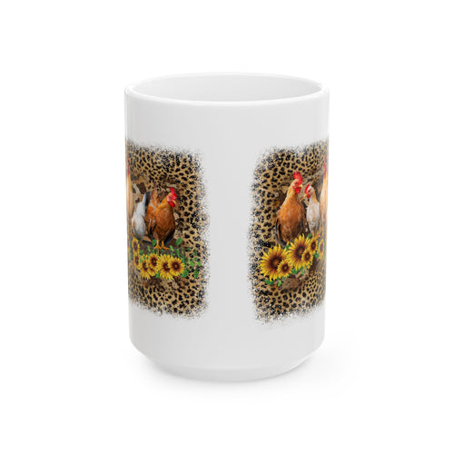 Chicken Flock Sunflower Ceramic Mug – Farmhouse Chicken Mom Coffee Cup, Country Homestead Mug (11oz, 15oz)