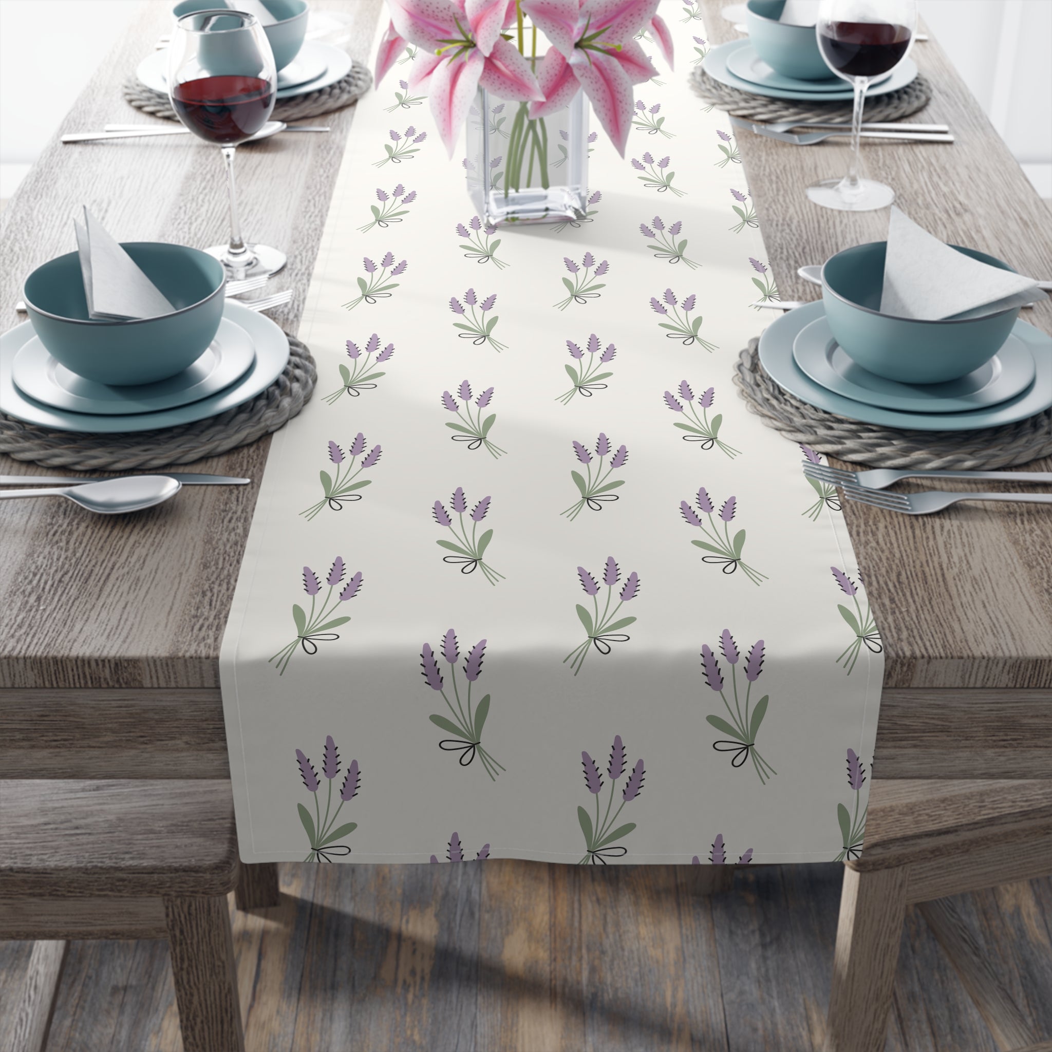 Lavender Floral Table Runner | Cottagecore Farmhouse Kitchen Decor | Purple Wildflower Dining Table Runner | Rustic Country Table Linen