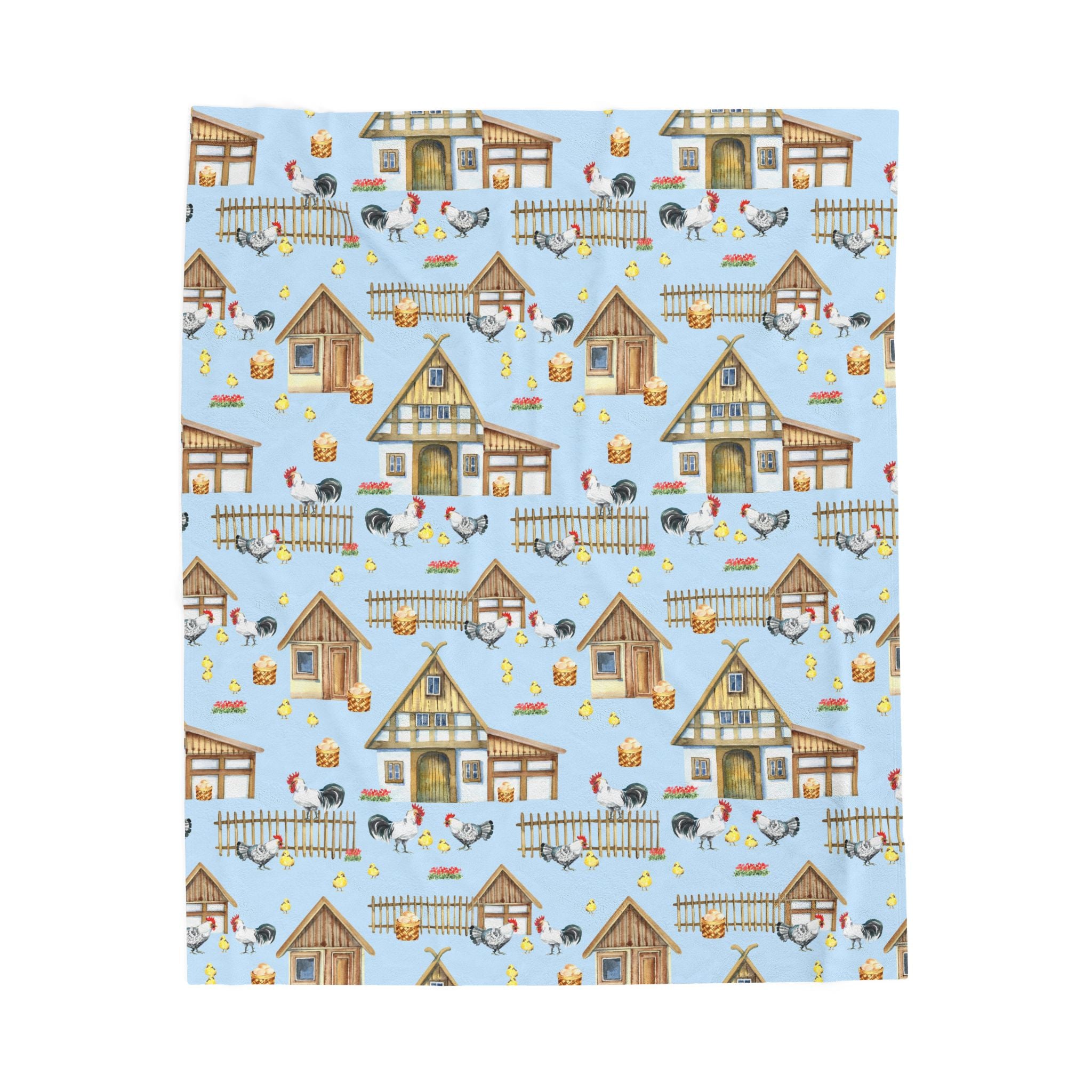 Farm Scene Velveteen Plush Blanket – Cozy Cottagecore Village Throw, Country Homestead Farmhouse Home Decor