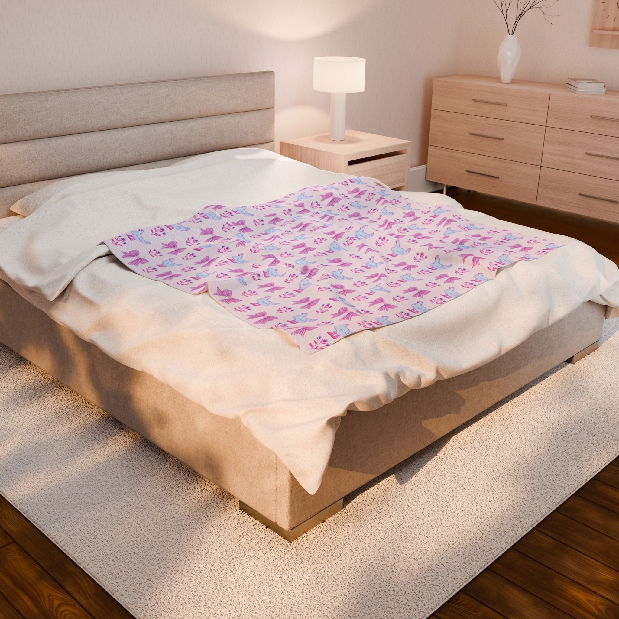 Pink Chicken Velveteen Plush Blanket – Cottagecore Bow Chicken Throw, Shabby Chic Farmhouse Cozy Home Decor