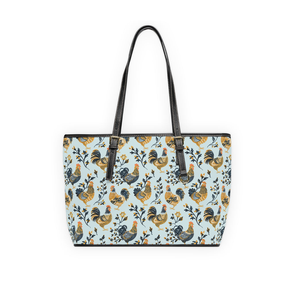 Blue Botanical Chicken Print Leather Shoulder Bag – Farmhouse Chicken Tote, Cute Hen Pattern Purse, Farm Life Handbag, Backyard Chicken Lover Bag