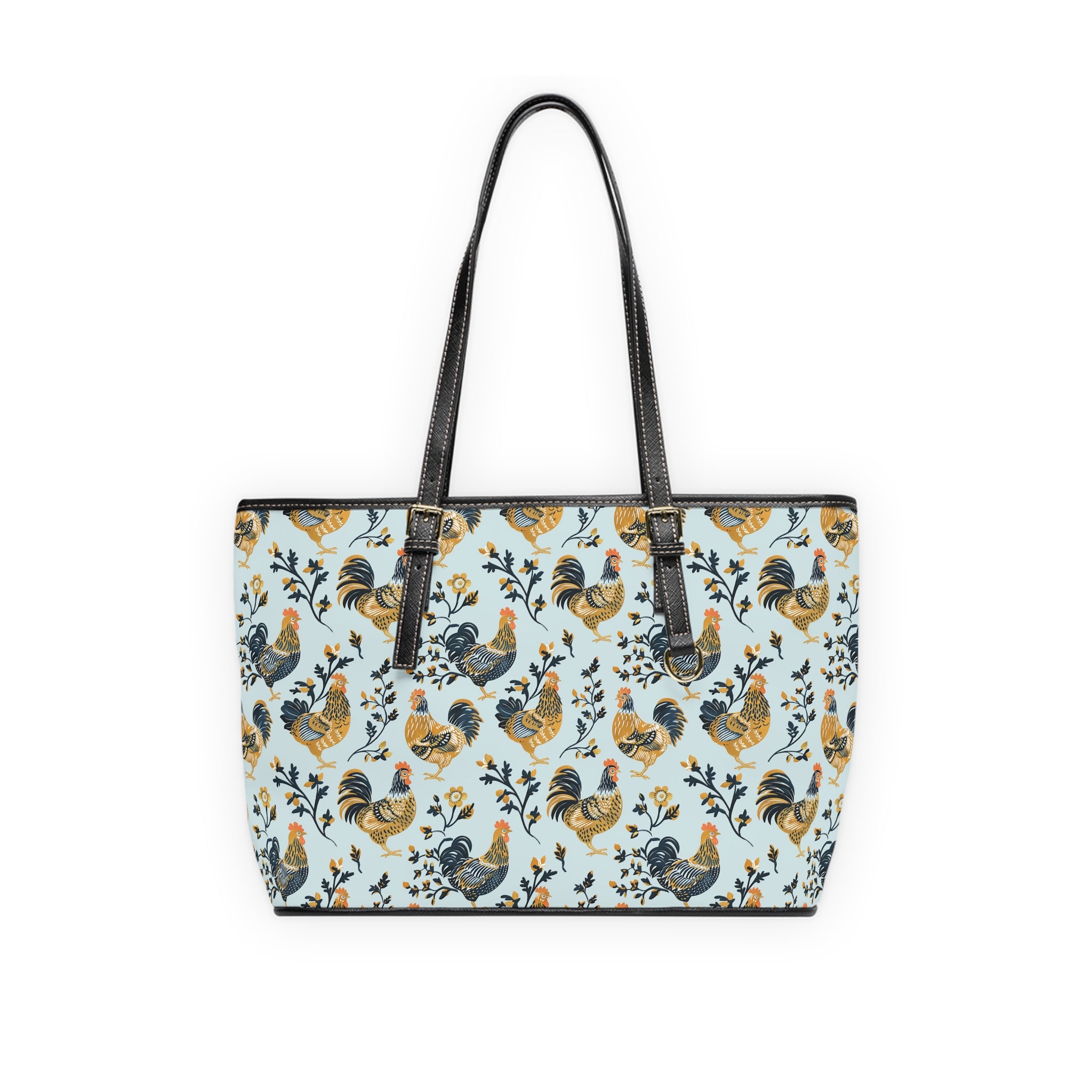 Blue Botanical Chicken Print Leather Shoulder Bag – Farmhouse Chicken Tote, Cute Hen Pattern Purse, Farm Life Handbag, Backyard Chicken Lover Bag