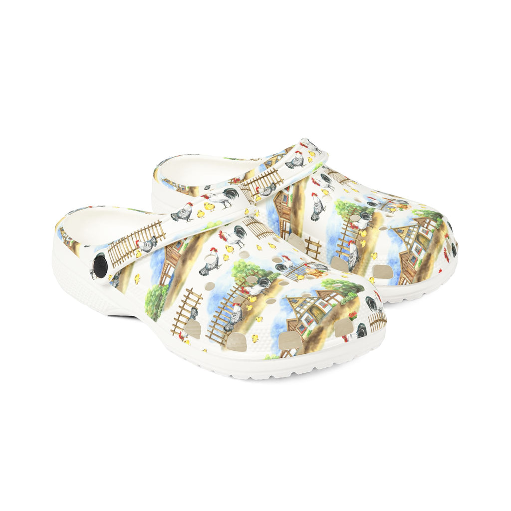 Chicken Farm Family Print EVA Clogs – Farm Life Chicken Shoes, Backyard Chicken Slip-On, Homestead Comfort Clogs
