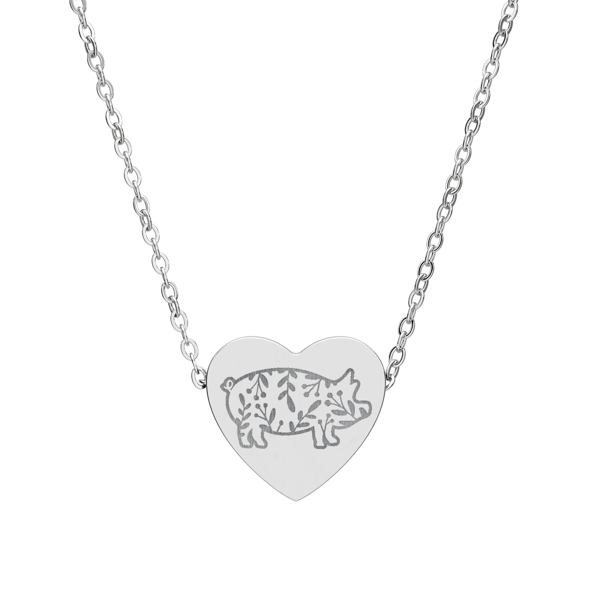 Floral Pig Heart Necklace – Farm Pig Jewelry, Pig Lover Gift, Homestead Necklace, Mini Pig Pendant, Farm Animal Jewelry, Stainless Steel Engraved Heart Necklace