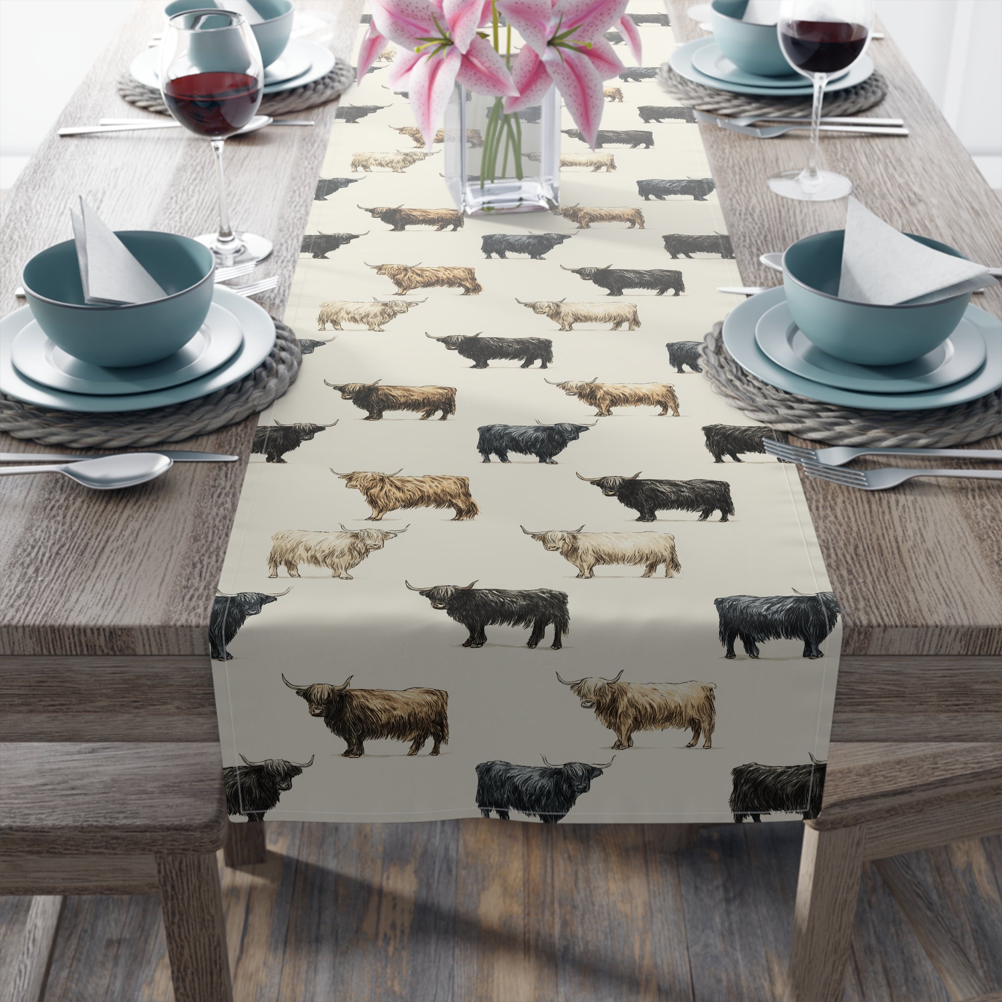 Highland Cow Farmhouse Table Runner | Rustic Farm Cattle Kitchen Decor | Country Cottagecore Dining Table Linen | Homestead Cow Table Decor