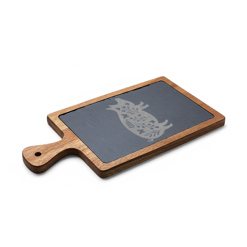 Floral Pig Engraved Charcuterie Board Set | Farmhouse Slate Cheese Board with Knives | Rustic Farm Kitchen Serving Board | Homestead Pig Lover Gift