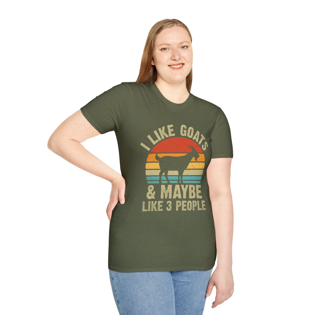“I Like Goats & Maybe Like 3 People” Vintage Goat Lover Unisex Softstyle T-Shirt | Funny Farm Life Tee