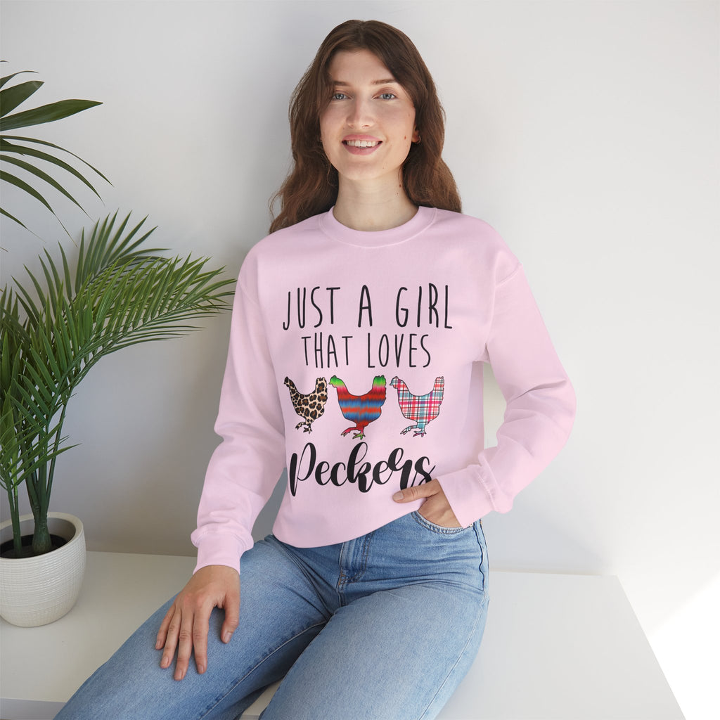 Just a Girl That Loves Peckers Sweatshirt – Funny Chicken Crewneck, Farmhouse Homestead Chicken Mom Pullover