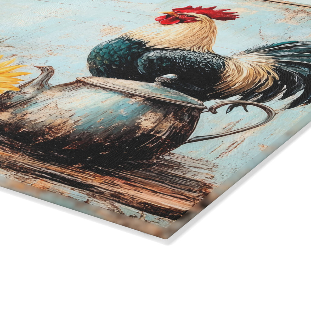 Rustic Rooster Glass Cutting Board | Farmhouse Chicken Kitchen Decor | Sunflower Rooster Tempered Glass Cutting Board | Gumpert Homestead