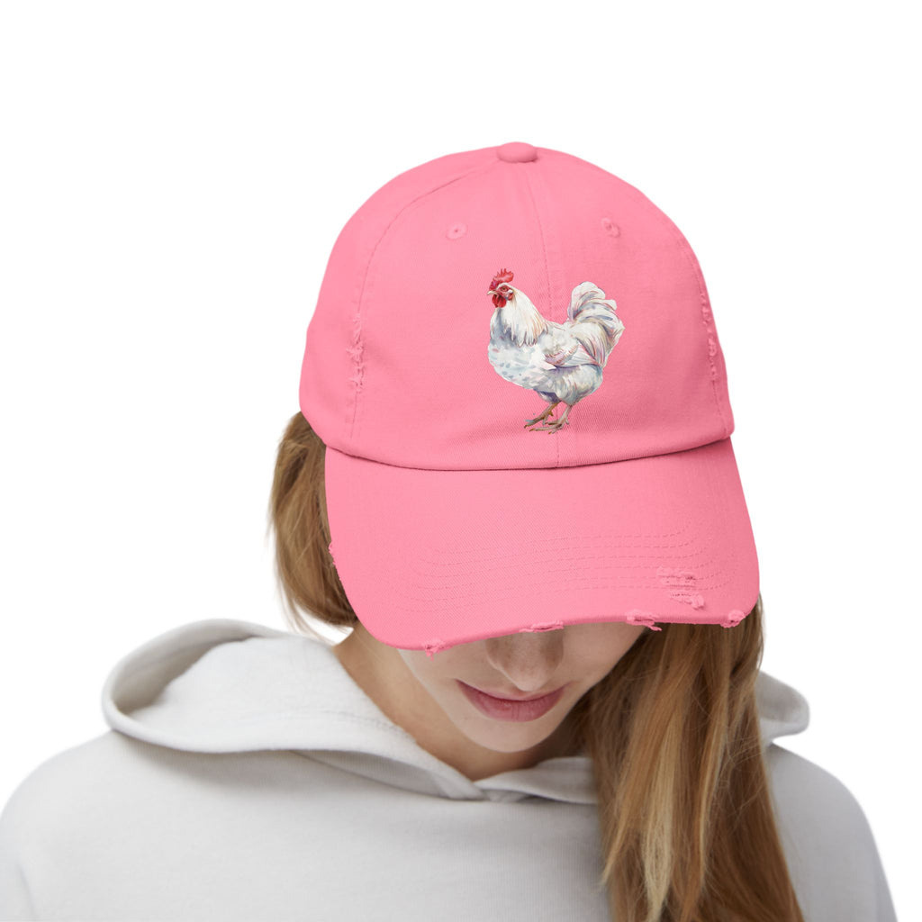 White Rooster Distressed Baseball Cap – Vintage Chicken Hat, Leghorn-Style Rooster, Farmhouse Poultry Cap, Backyard Chicken Keeper Gift