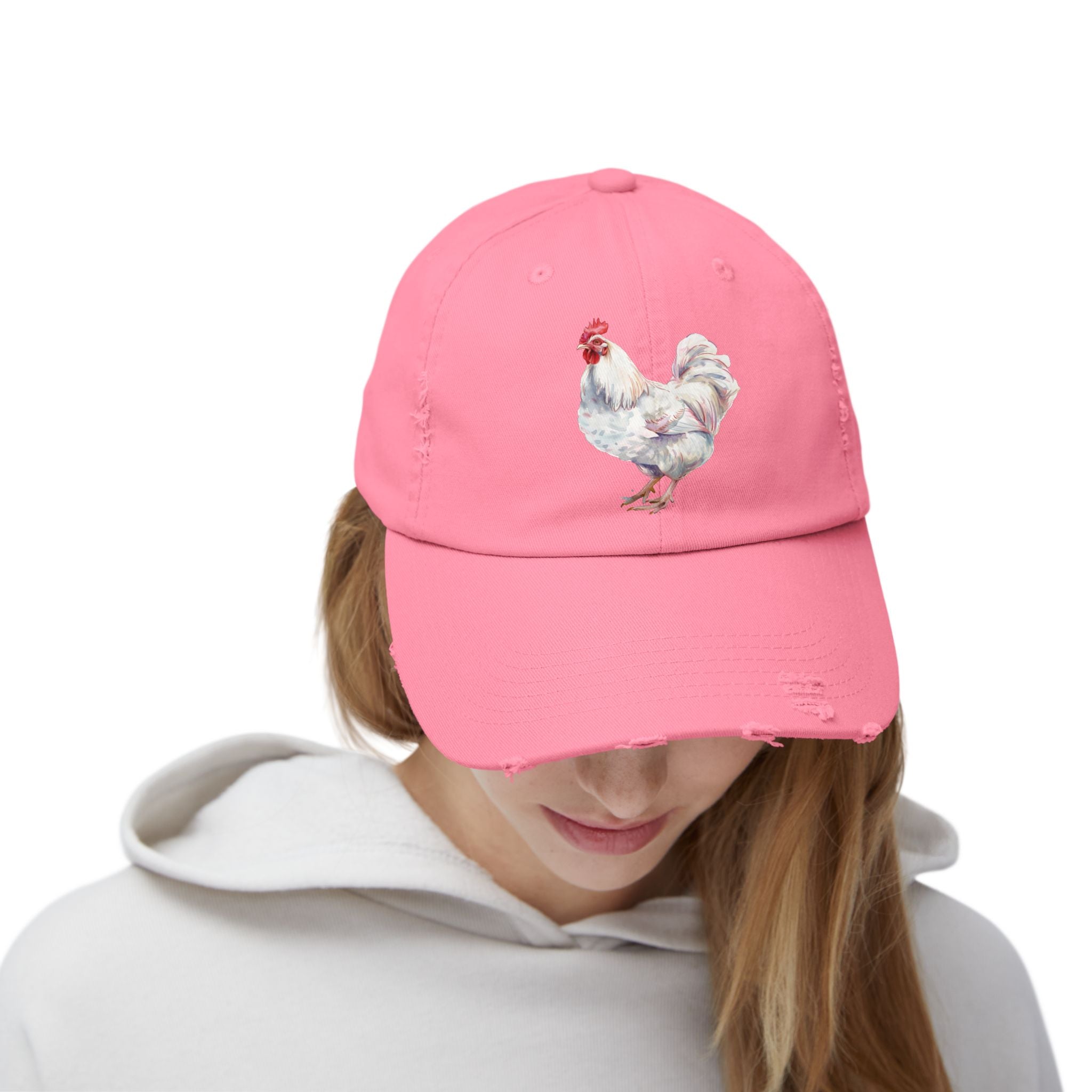 White Rooster Distressed Baseball Cap – Vintage Chicken Hat, Leghorn-Style Rooster, Farmhouse Poultry Cap, Backyard Chicken Keeper Gift