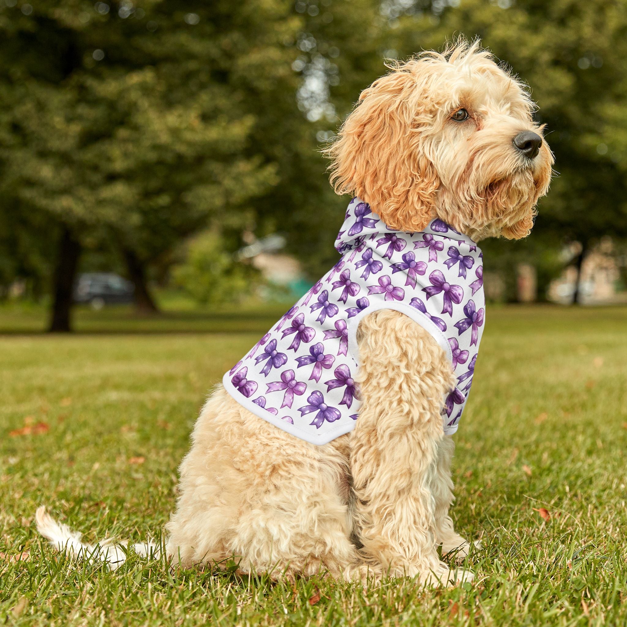 Purple Coquette Bows Cute Pet Hoodie - Adorable Puppy Sweater, Small Dog Outfit, Furry Friend Gift, Pet Apparel, Animal Lover Present