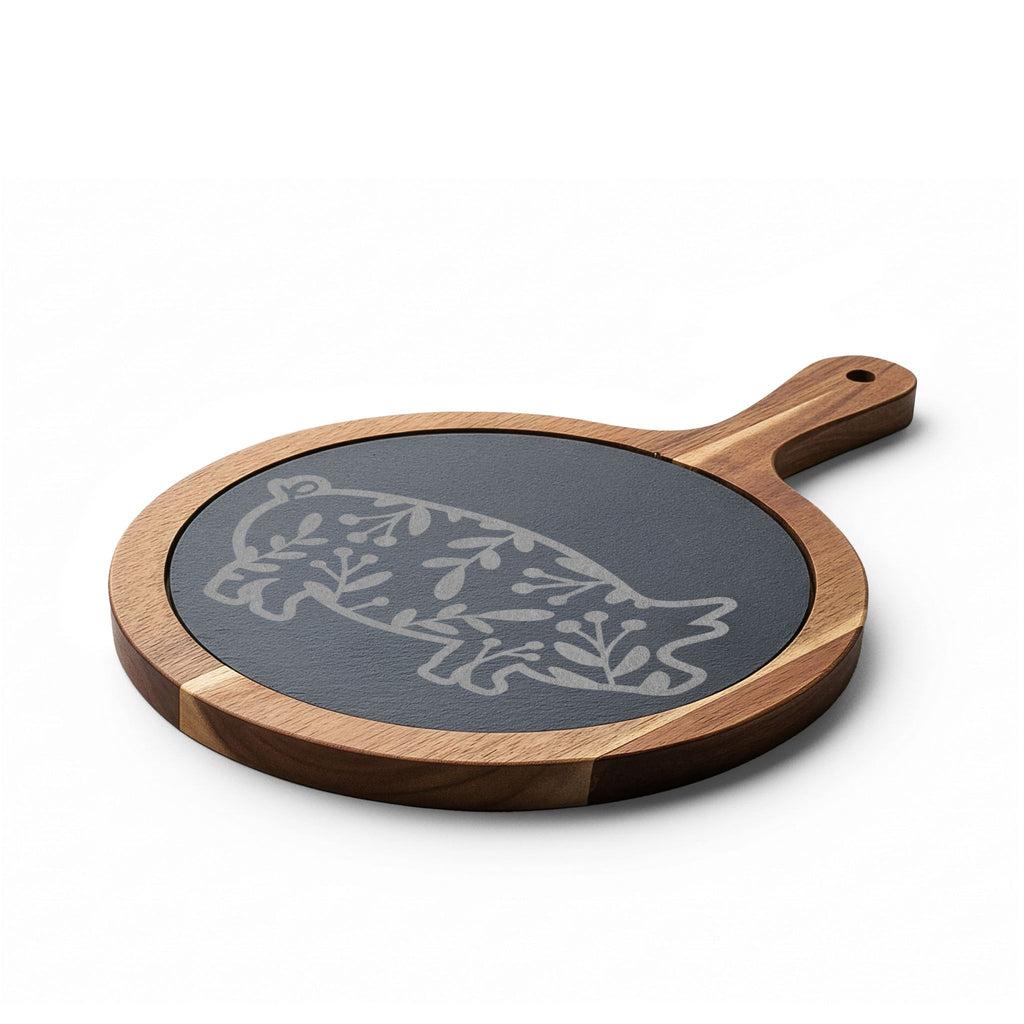 Floral Pig Engraved Charcuterie Board Set | Farmhouse Slate Cheese Board with Knives | Rustic Farm Kitchen Serving Board | Homestead Pig Lover Gift