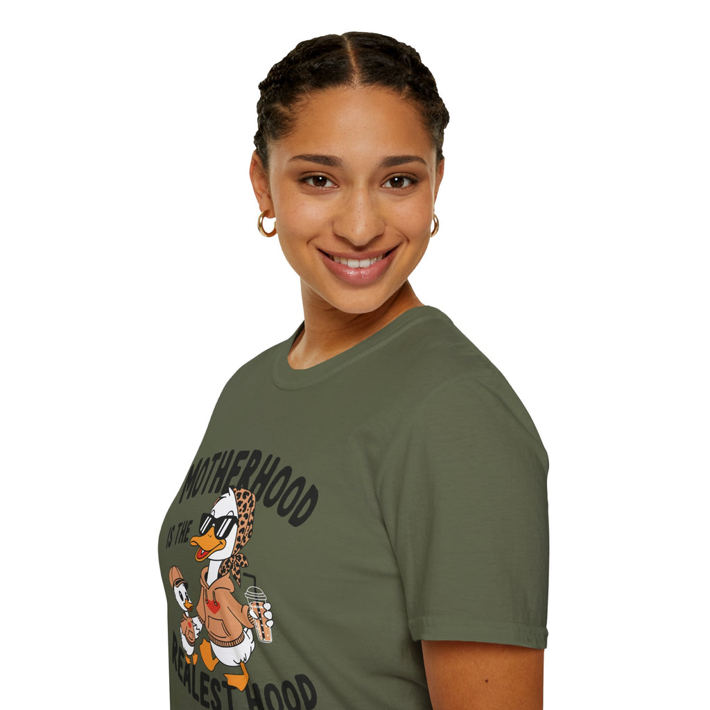 Motherhood Is the Realest Hood Funny Duck Mom Unisex T-Shirt | Farm Mom Graphic Tee