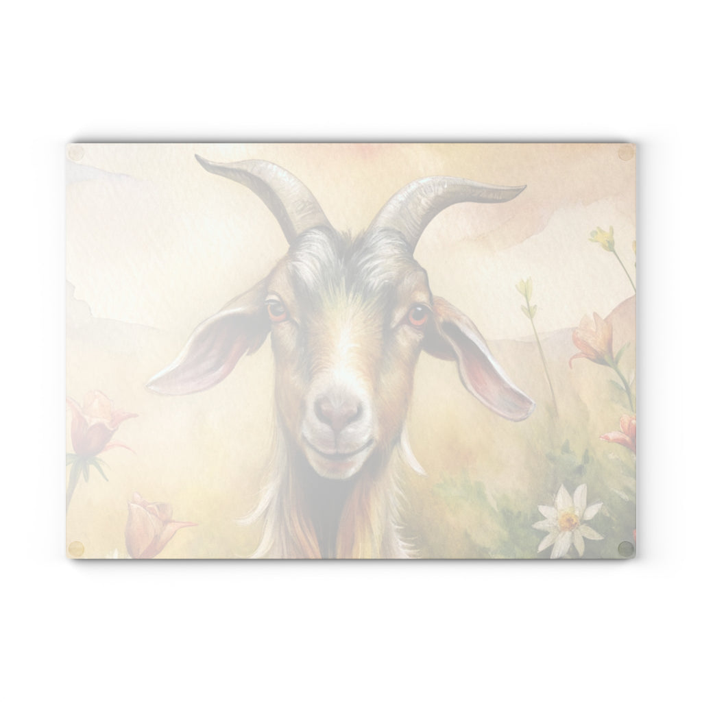 Farmhouse Goat Glass Cutting Board | Rustic Goat Kitchen Decor | Watercolor Farm Animal Tempered Glass Cutting Board | Gumpert Homestead